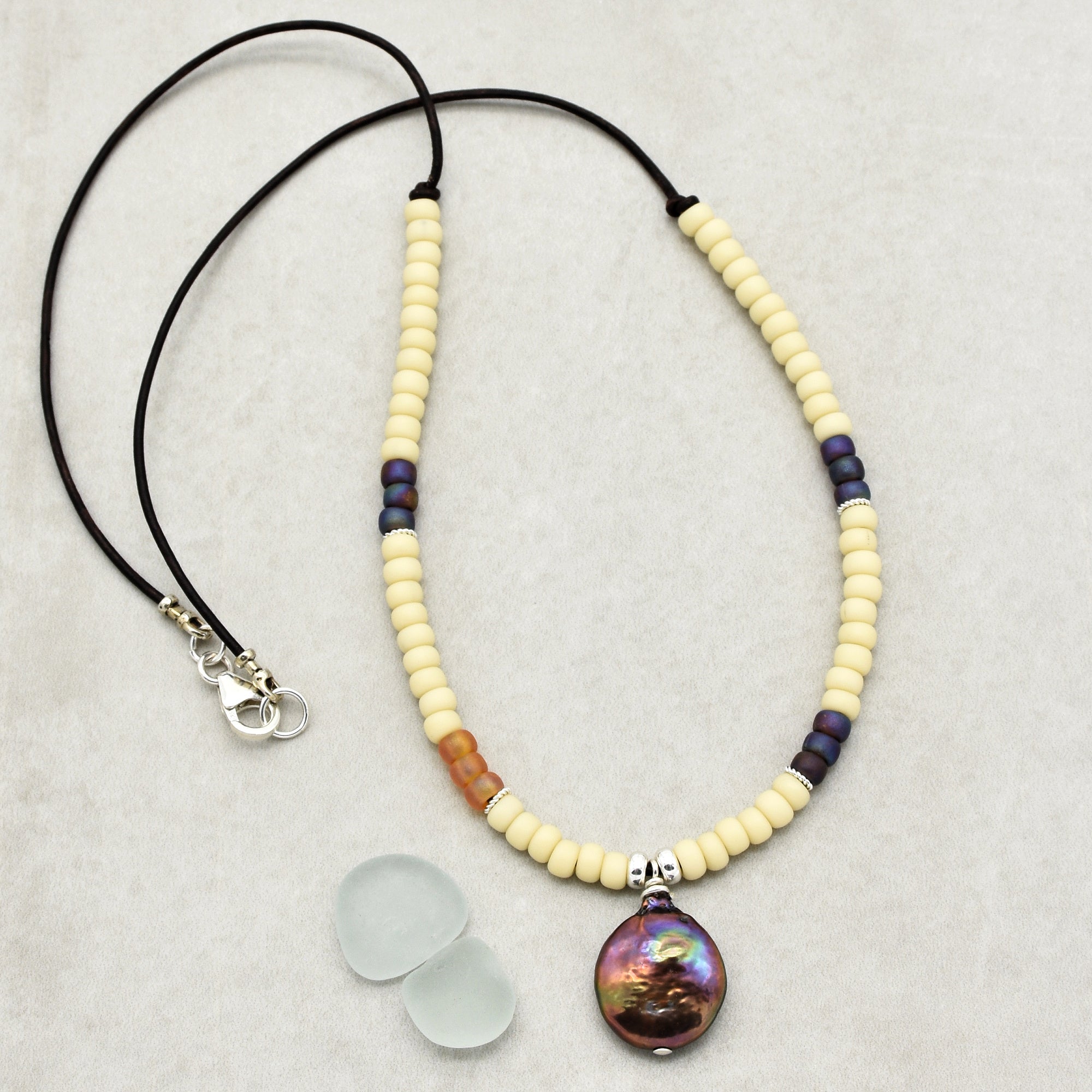 Perlita Azul Handmade Statement Necklace with Fresh Water Coin Pearl, Glass Seed Beads, Sterling Silver and Chocolate Leather Cord