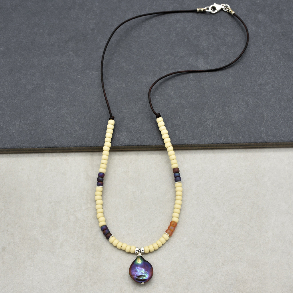 Perlita Azul Handmade Statement Necklace with Fresh Water Coin Pearl, Glass Seed Beads, Sterling Silver and Chocolate Leather Cord