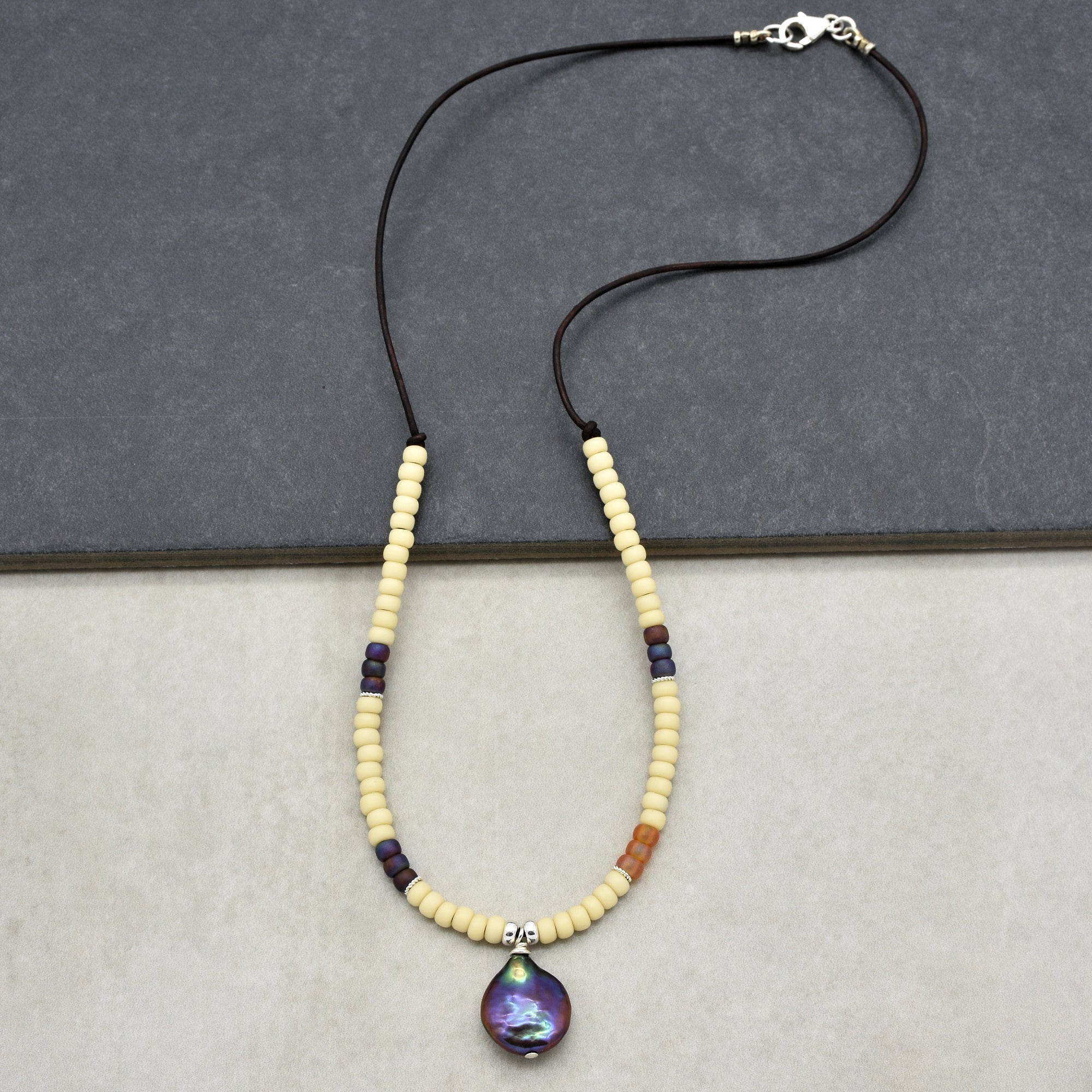 Perlita Azul Handmade Statement Necklace with Fresh Water Coin Pearl, Glass Seed Beads, Sterling Silver and Chocolate Leather Cord