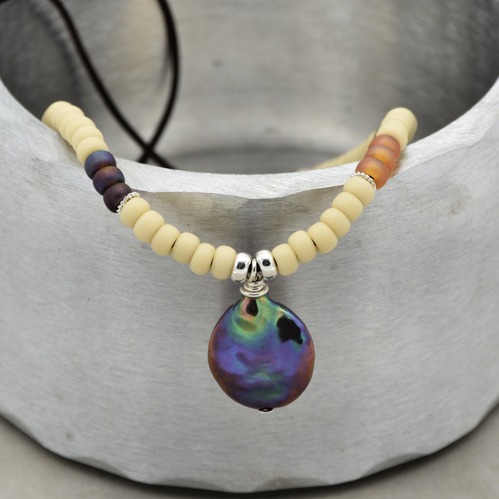 Perlita Azul Handmade Statement Necklace with Fresh Water Coin Pearl, Glass Seed Beads, Sterling Silver and Chocolate Leather Cord