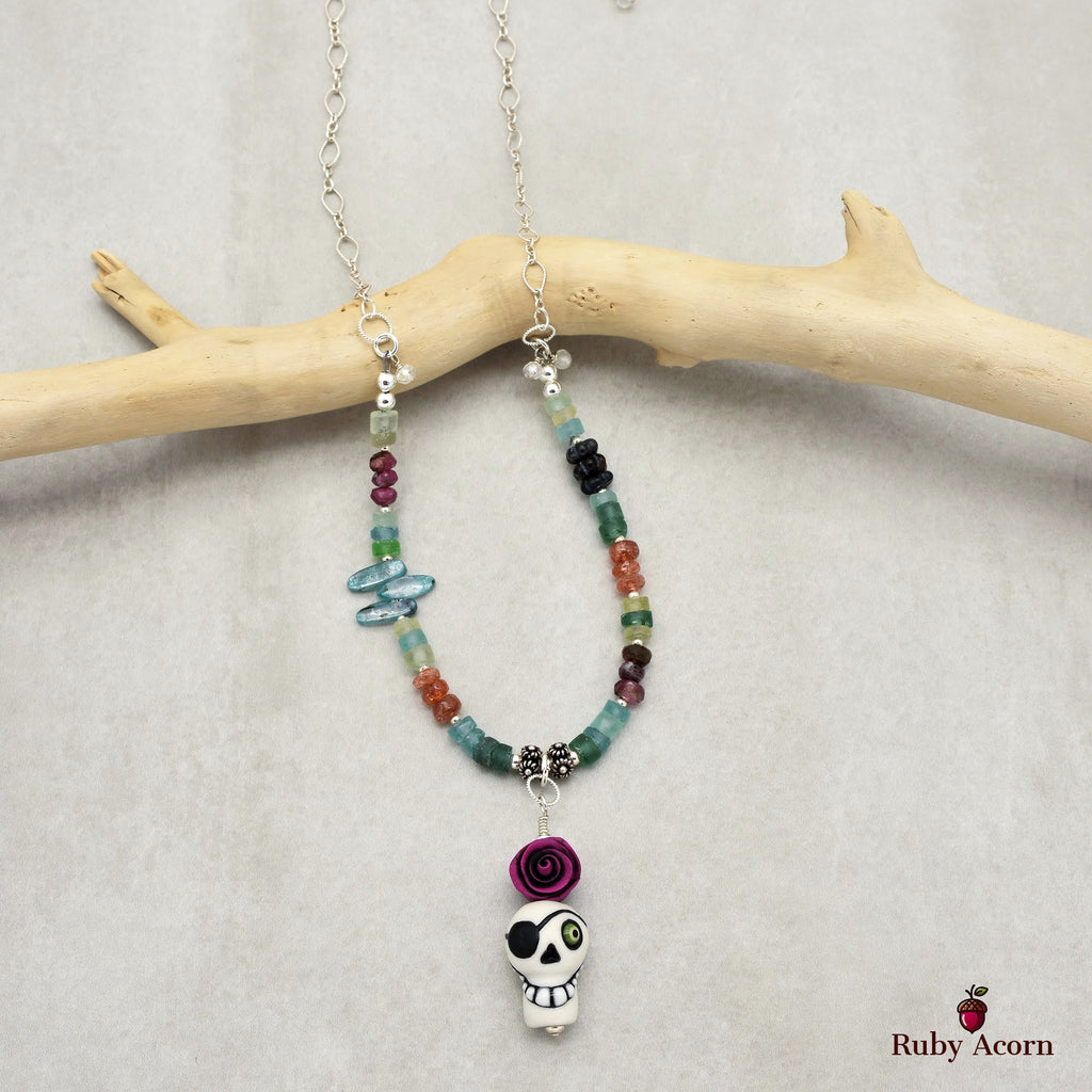 Pirate Life for Me Handmade Beaded Necklace. Artisan Sugar Skull, Roman Glass, Pink Tourmaline, Sterling Silver