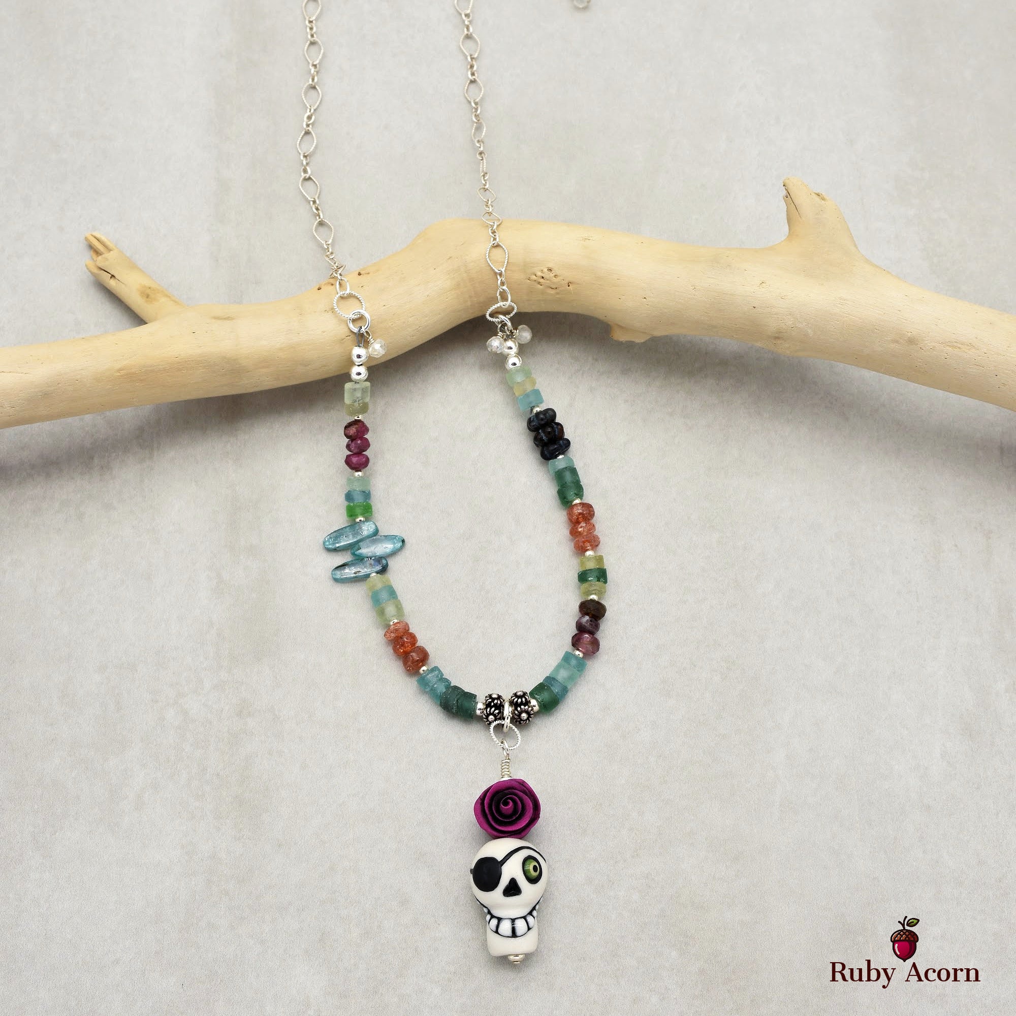 Pirate Life for Me Handmade Beaded Necklace. Artisan Sugar Skull, Roman Glass, Pink Tourmaline, Sterling Silver