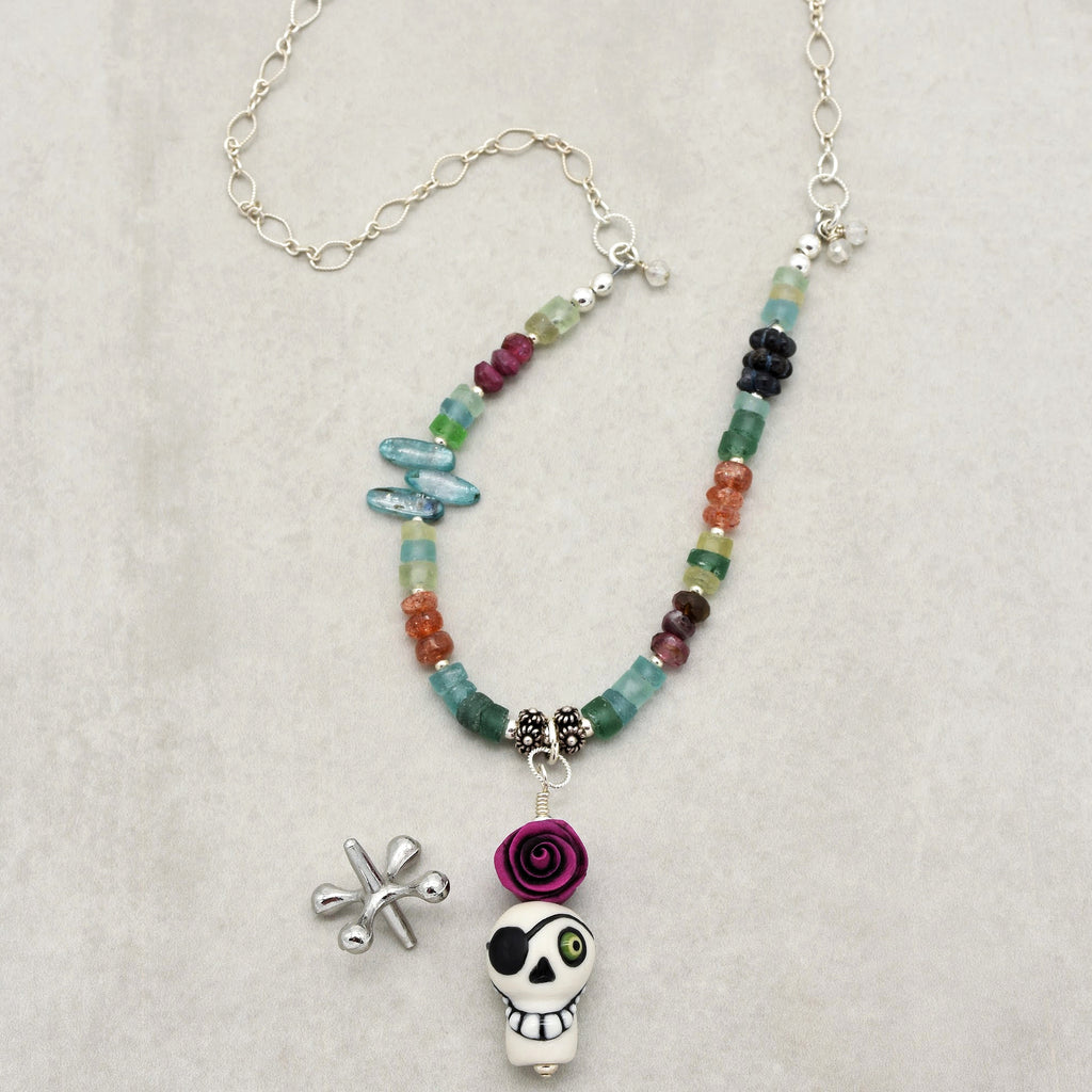 Pirate Life for Me Handmade Beaded Necklace. Artisan Sugar Skull, Roman Glass, Pink Tourmaline, Sterling Silver