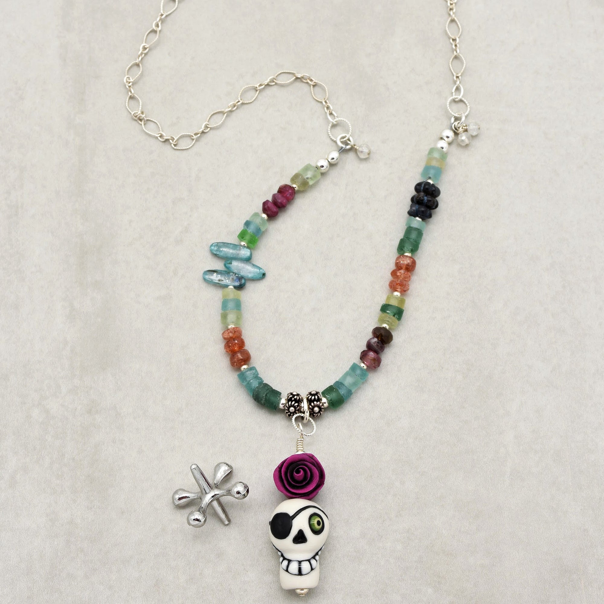 Pirate Life for Me Handmade Beaded Necklace. Artisan Sugar Skull, Roman Glass, Pink Tourmaline, Sterling Silver