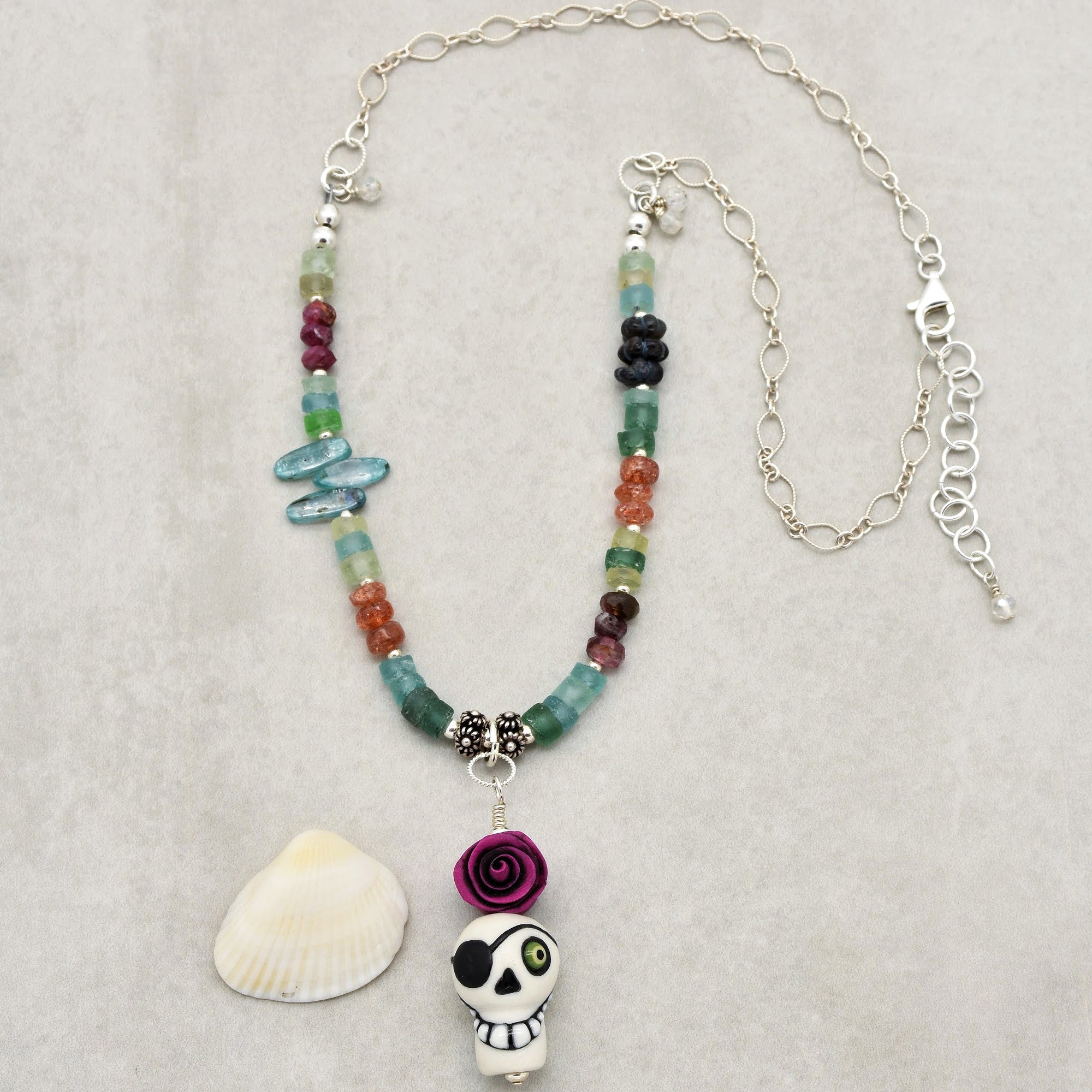 Pirate Life for Me Handmade Beaded Necklace. Artisan Sugar Skull, Roman Glass, Pink Tourmaline, Sterling Silver