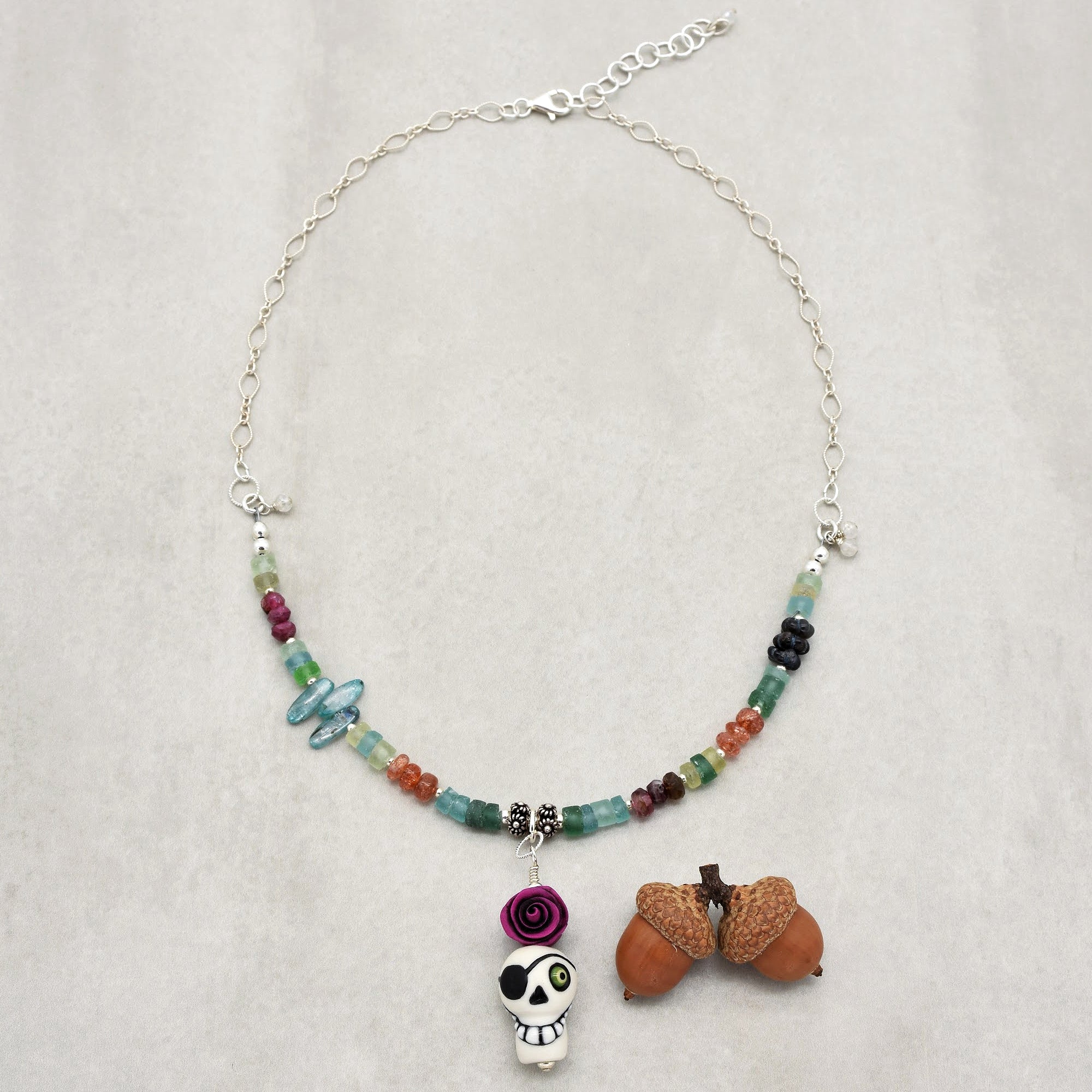 Pirate Life for Me Handmade Beaded Necklace. Artisan Sugar Skull, Roman Glass, Pink Tourmaline, Sterling Silver