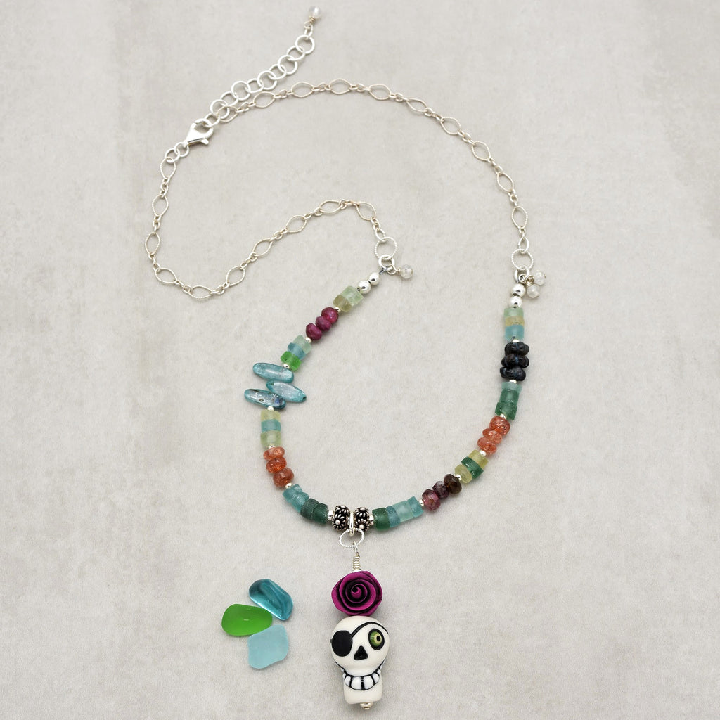 Pirate Life for Me Handmade Beaded Necklace. Artisan Sugar Skull, Roman Glass, Pink Tourmaline, Sterling Silver