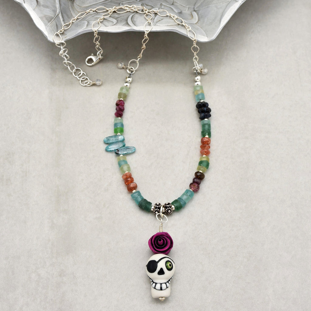 Pirate Life for Me Handmade Beaded Necklace. Artisan Sugar Skull, Roman Glass, Pink Tourmaline, Sterling Silver