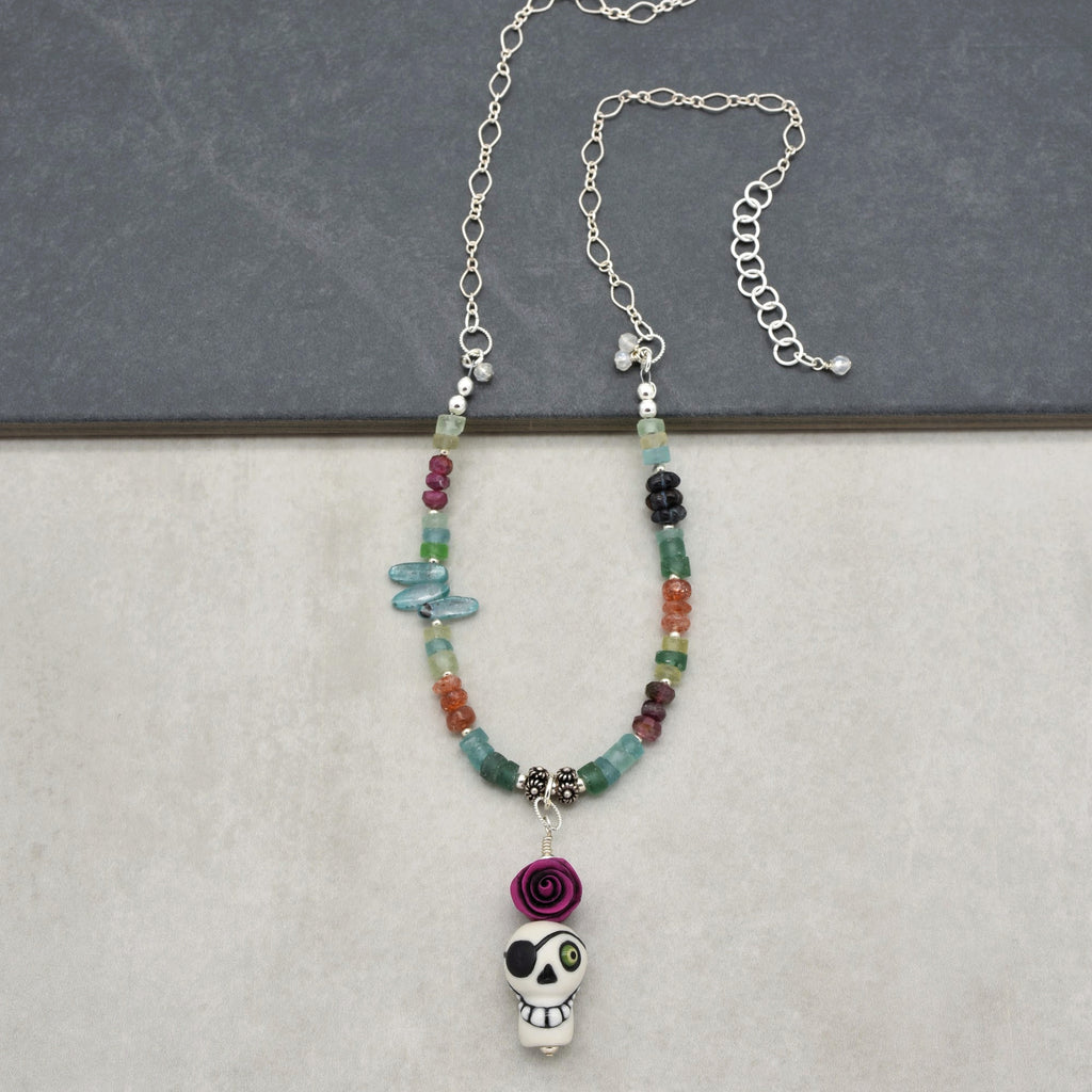 Pirate Life for Me Handmade Beaded Necklace. Artisan Sugar Skull, Roman Glass, Pink Tourmaline, Sterling Silver