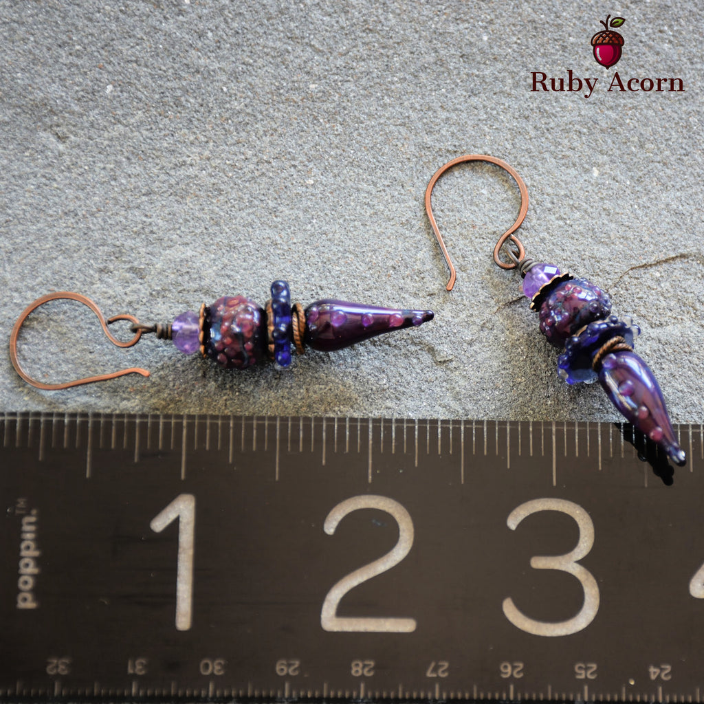 Blackberry Wine Handmade Dangle Earrings, Purple Artisan Lampwork Glass and Amethyst