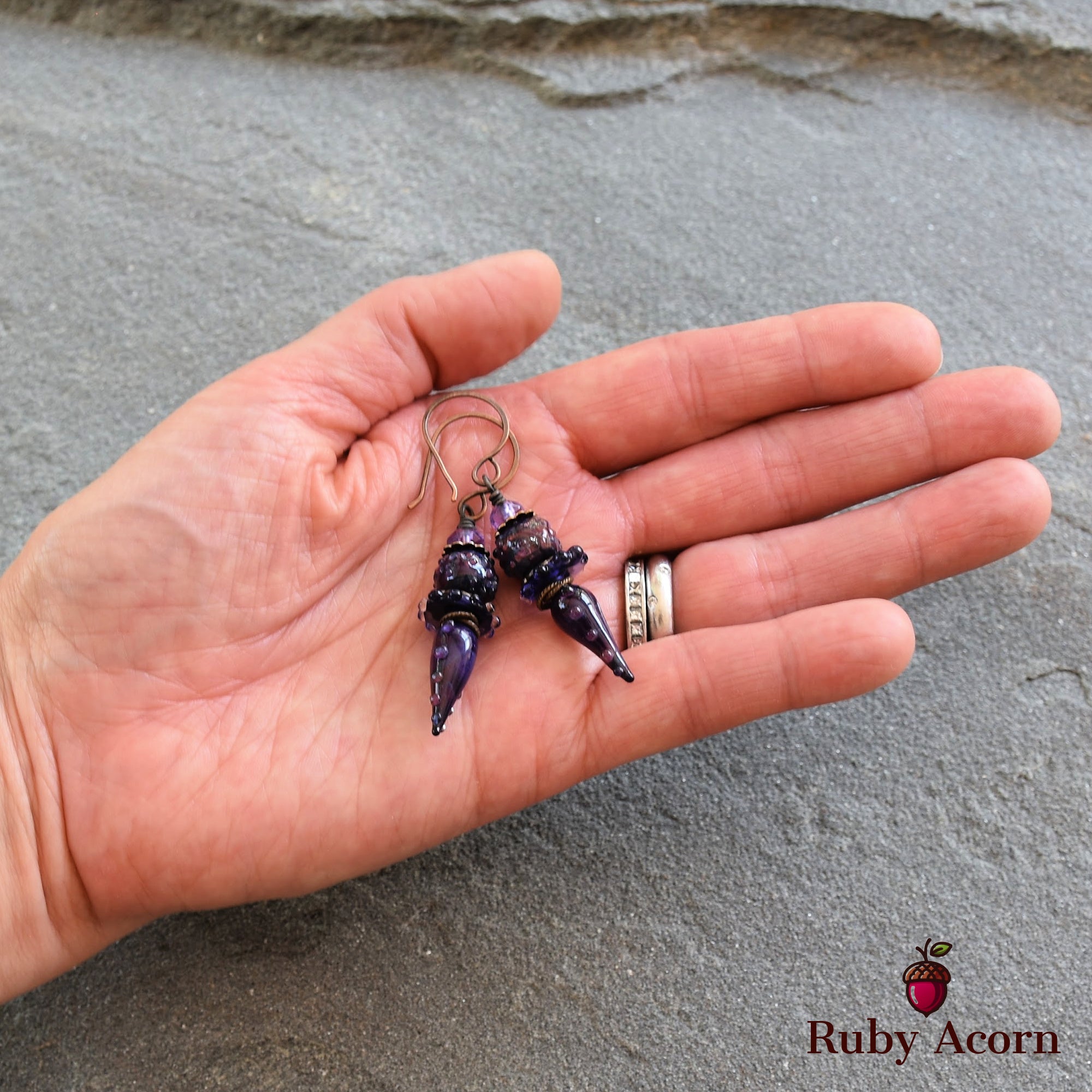 Blackberry Wine Handmade Dangle Earrings, Purple Artisan Lampwork Glass and Amethyst
