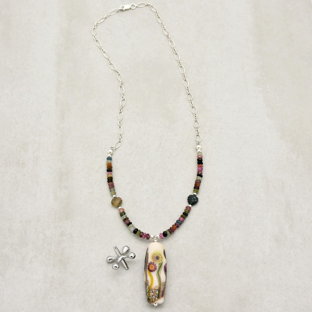 Pocketful of Posies Handmade Beaded Necklace. Artisan Lampwork Glass, Rainbow Tourmaline, Sterling Silver