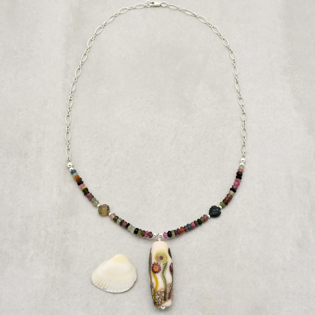 Pocketful of Posies Handmade Beaded Necklace. Artisan Lampwork Glass, Rainbow Tourmaline, Sterling Silver