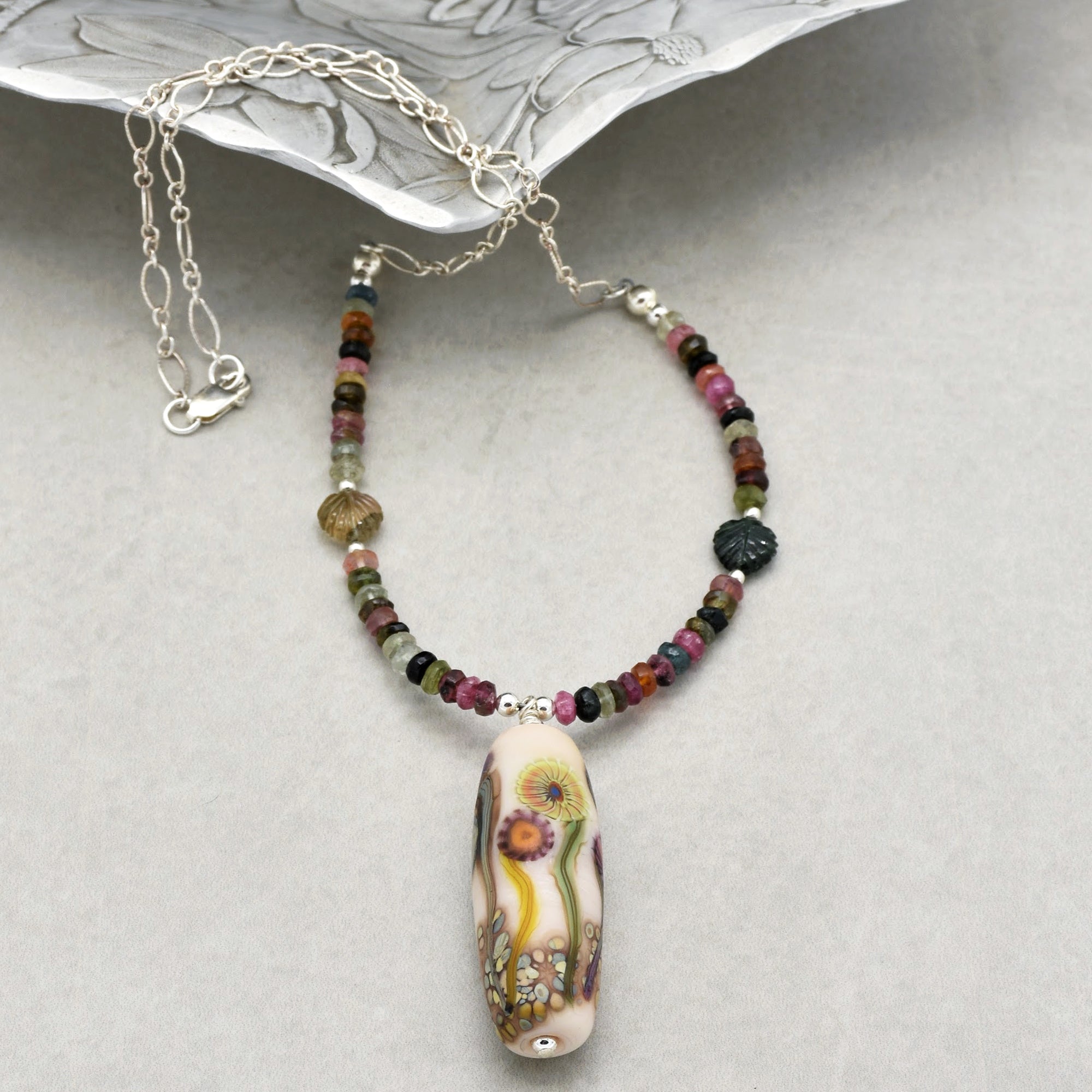 Pocketful of Posies Handmade Beaded Necklace. Artisan Lampwork Glass, Rainbow Tourmaline, Sterling Silver