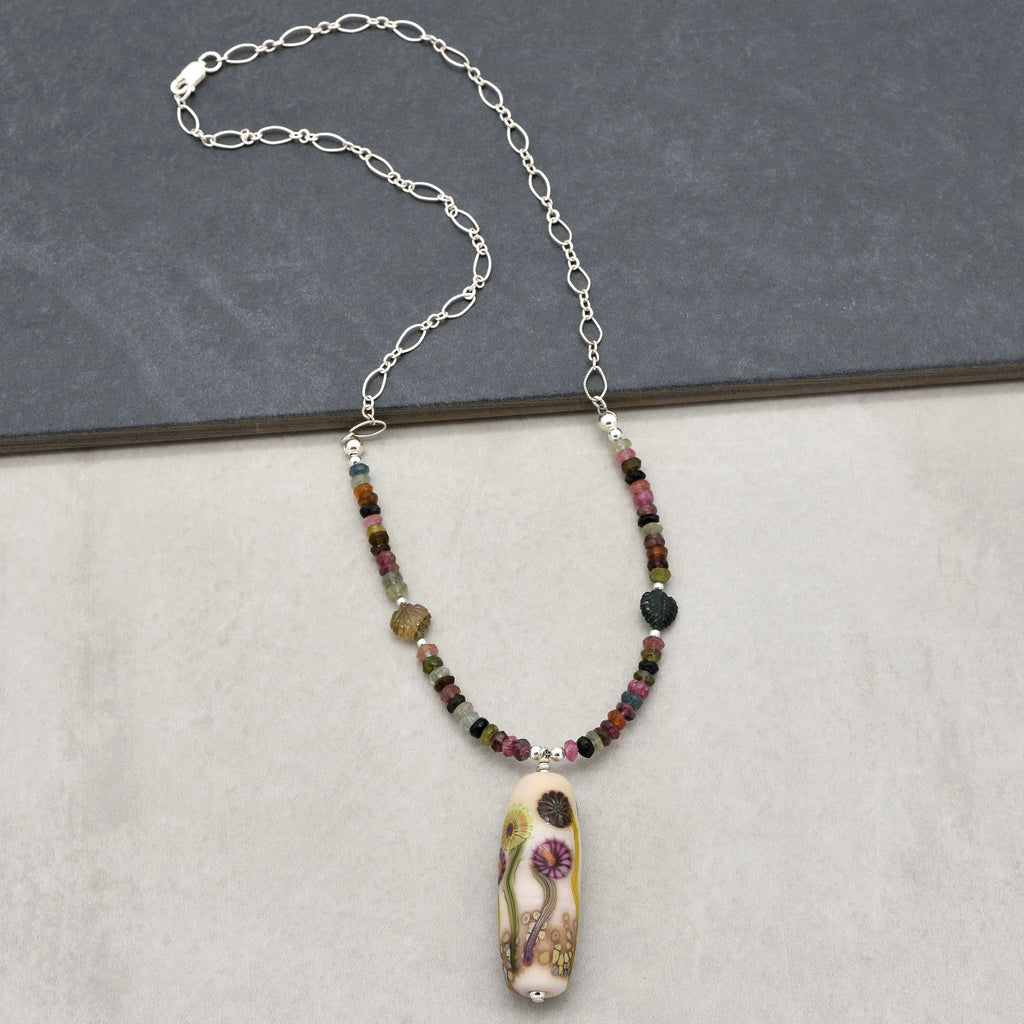 Pocketful of Posies Handmade Beaded Necklace. Artisan Lampwork Glass, Rainbow Tourmaline, Sterling Silver