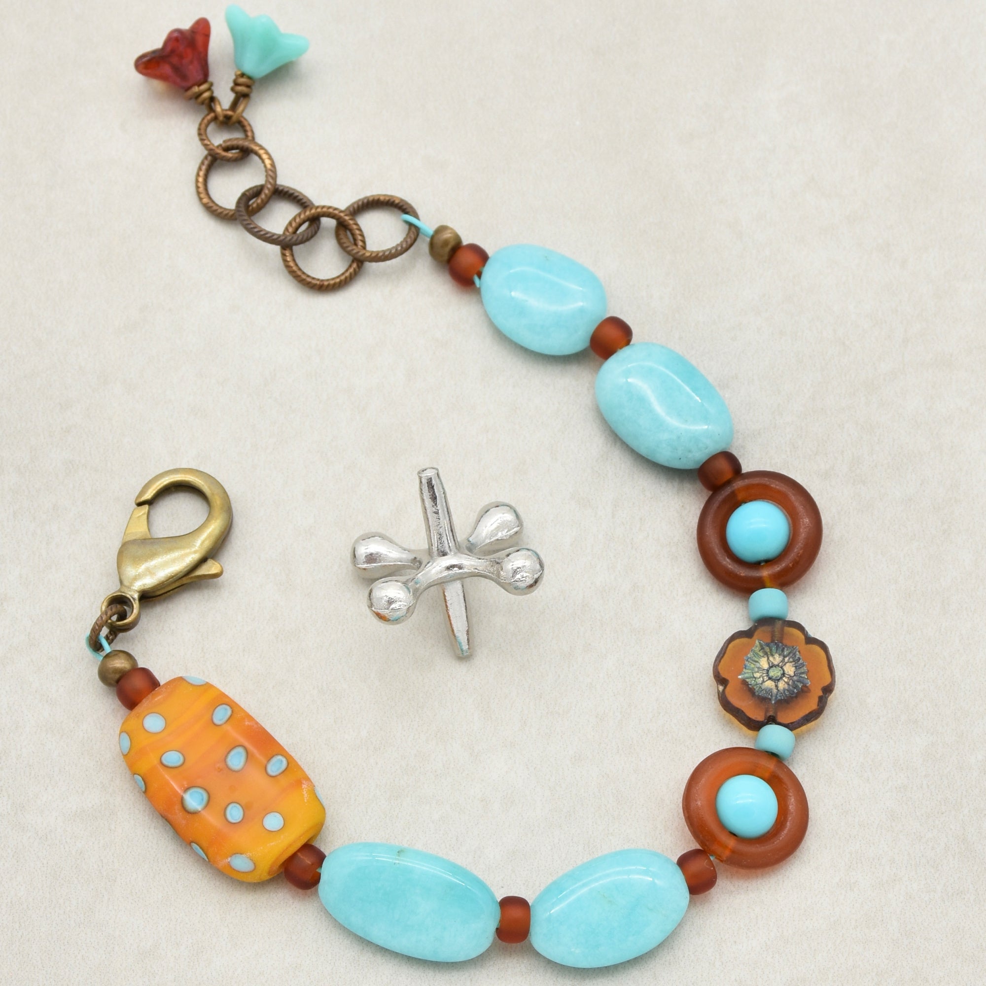 Polka Dots Handmade Beaded Bracelet with Artisan Lampwork Glass, Peruvian Amazonite, Turquoise and Horn