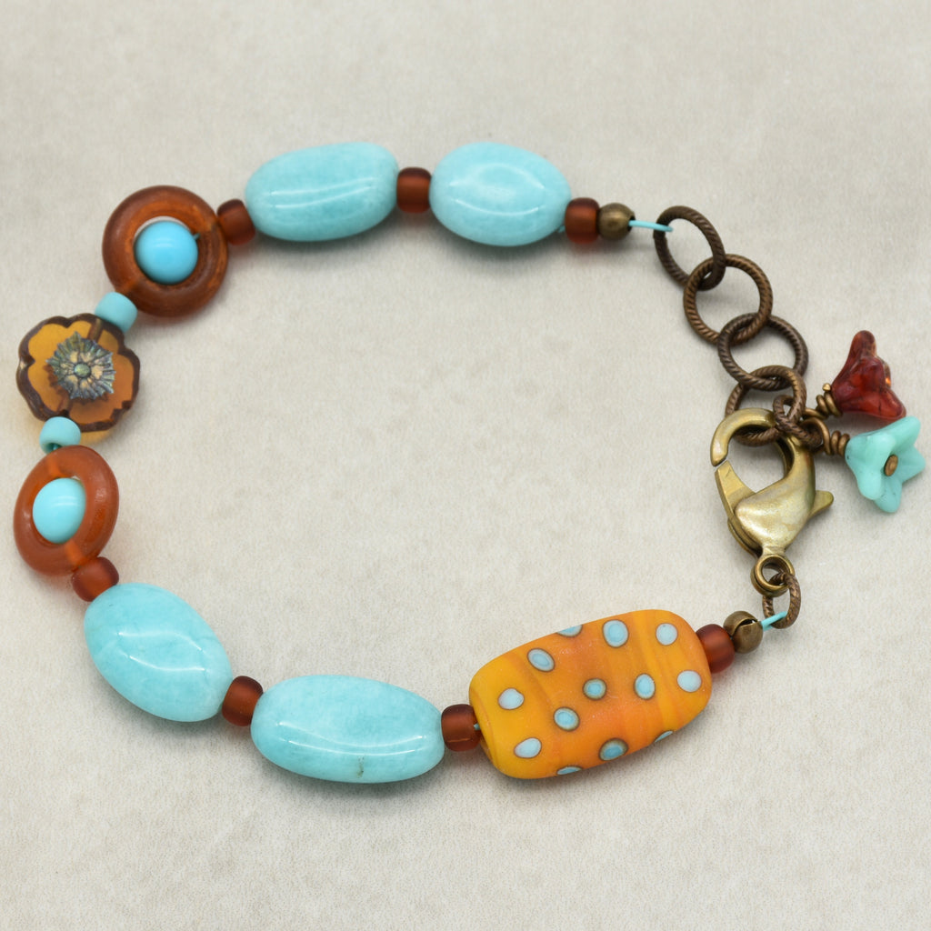 Polka Dots Handmade Beaded Bracelet with Artisan Lampwork Glass, Peruvian Amazonite, Turquoise and Horn