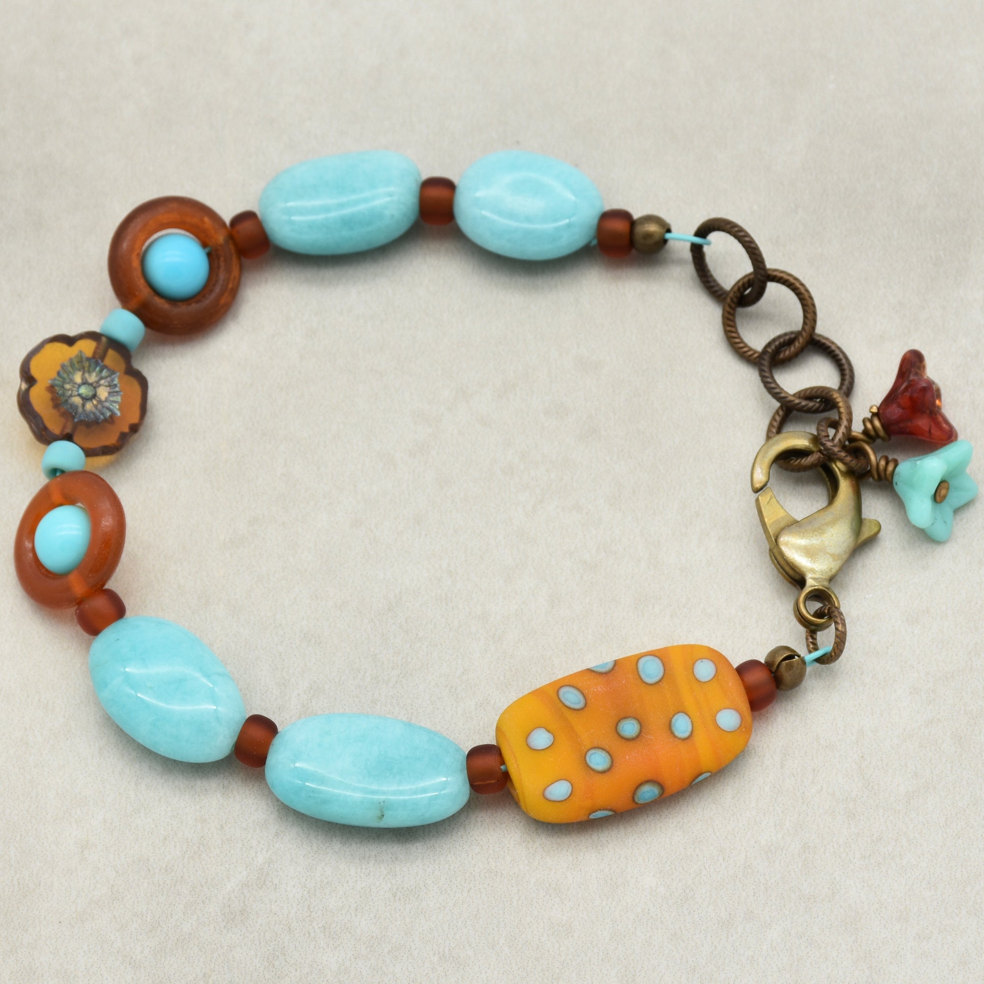 Polka Dots Handmade Beaded Bracelet with Artisan Lampwork Glass, Peruvian Amazonite, Turquoise and Horn