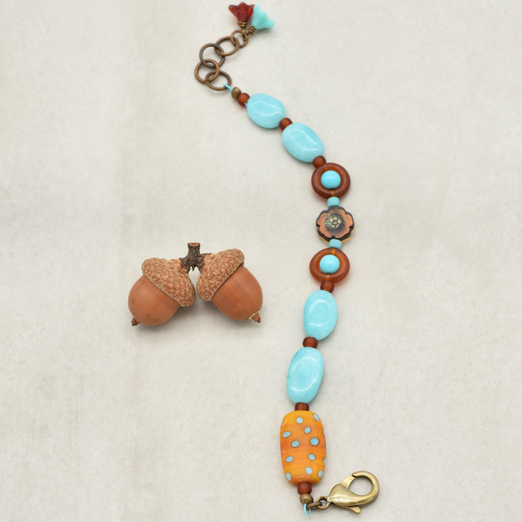 Polka Dots Handmade Beaded Bracelet with Artisan Lampwork Glass, Peruvian Amazonite, Turquoise and Horn