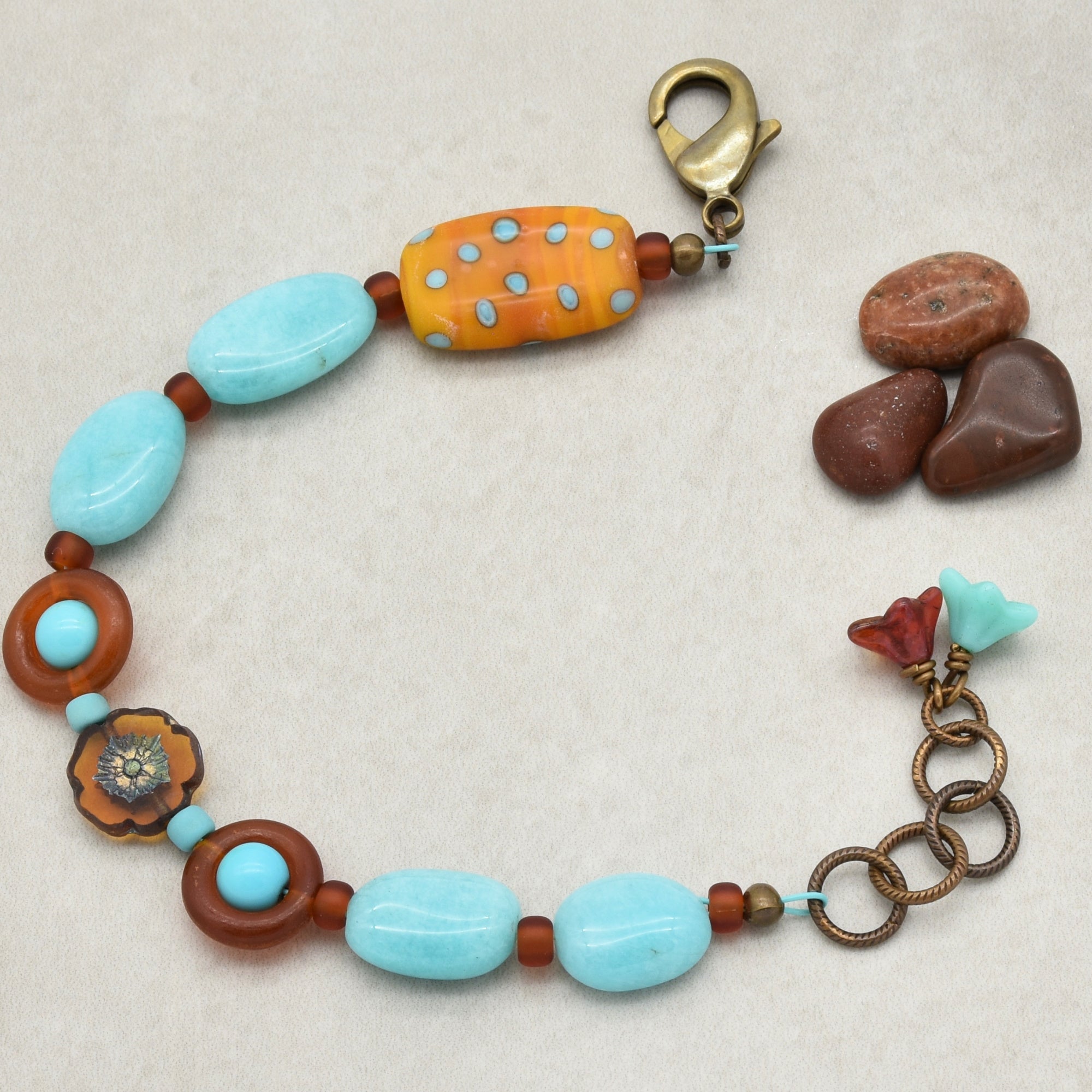 Polka Dots Handmade Beaded Bracelet with Artisan Lampwork Glass, Peruvian Amazonite, Turquoise and Horn