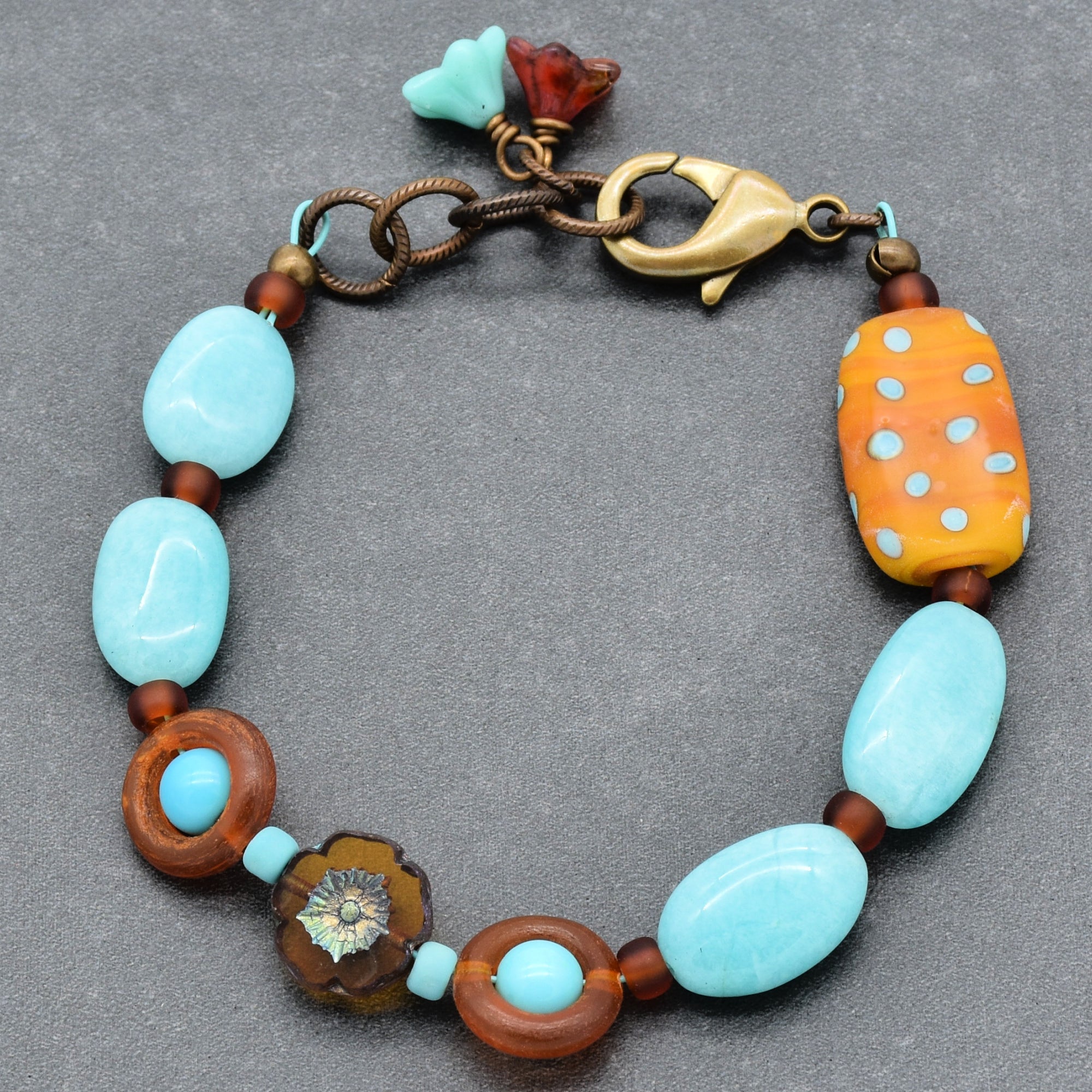 Polka Dots Handmade Beaded Bracelet with Artisan Lampwork Glass, Peruvian Amazonite, Turquoise and Horn