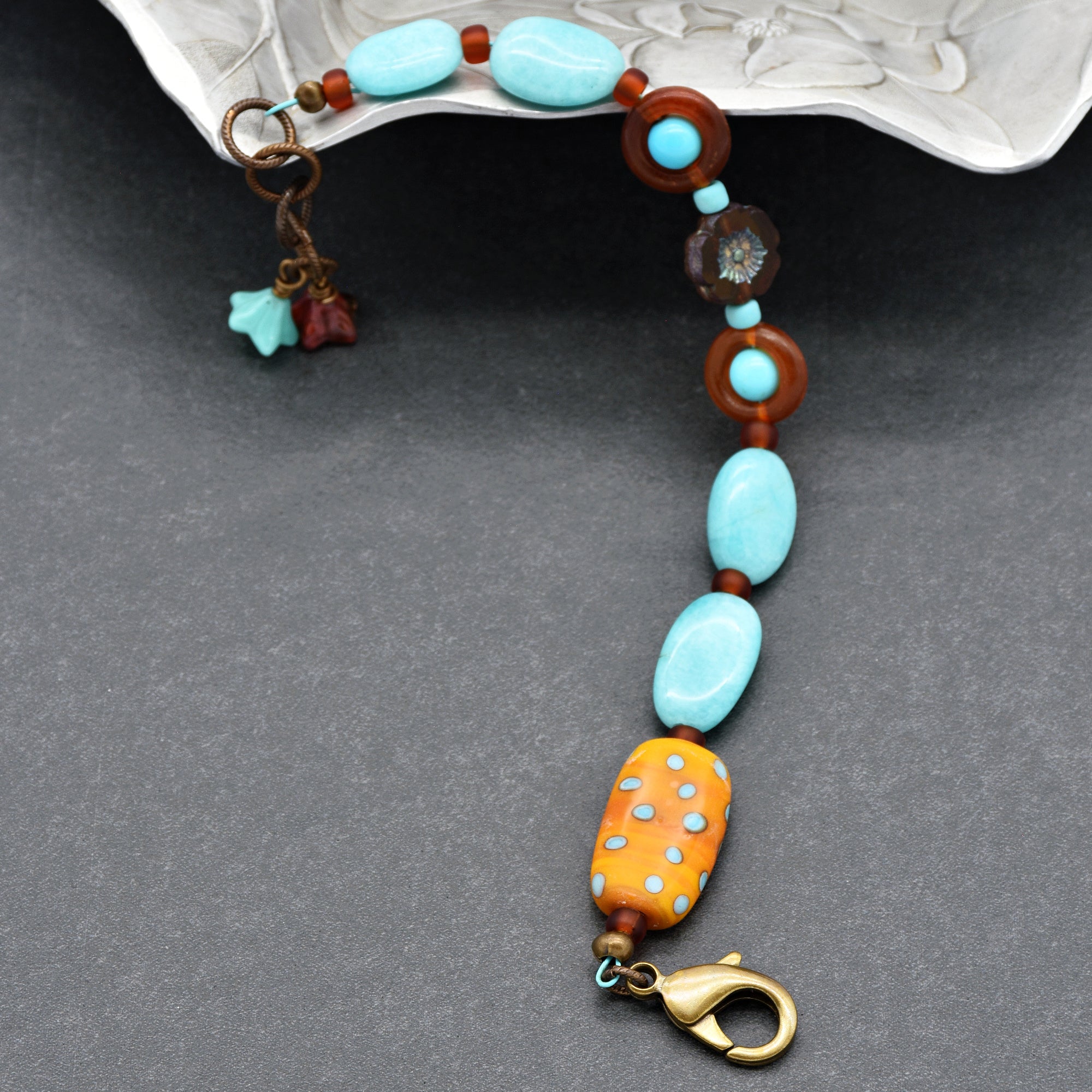 Polka Dots Handmade Beaded Bracelet with Artisan Lampwork Glass, Peruvian Amazonite, Turquoise and Horn