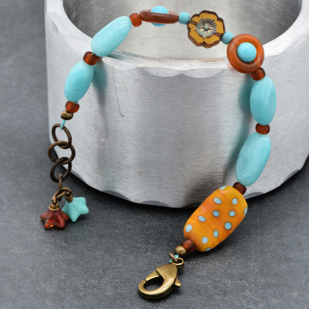 Polka Dots Handmade Beaded Bracelet with Artisan Lampwork Glass, Peruvian Amazonite, Turquoise and Horn