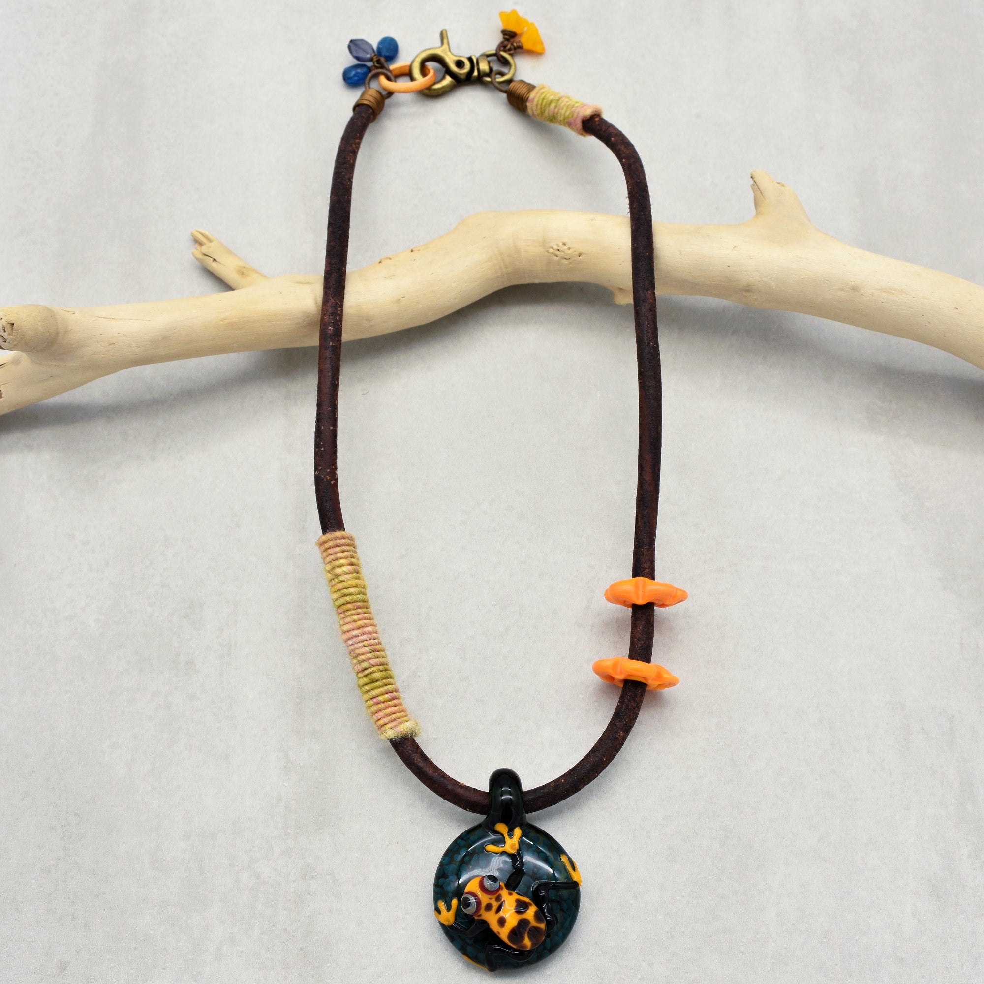 Rainforest Frog Handmade Necklace. Artisan Lampwork Glass Focal, Enameled Ring, Apatite, Iolite, Chocolate Leather Cord
