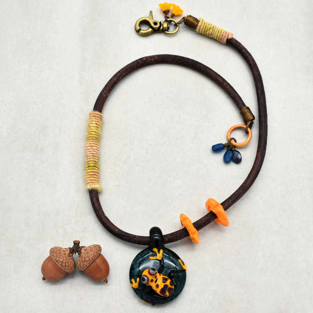 Rainforest Frog Handmade Necklace. Artisan Lampwork Glass Focal, Enameled Ring, Apatite, Iolite, Chocolate Leather Cord