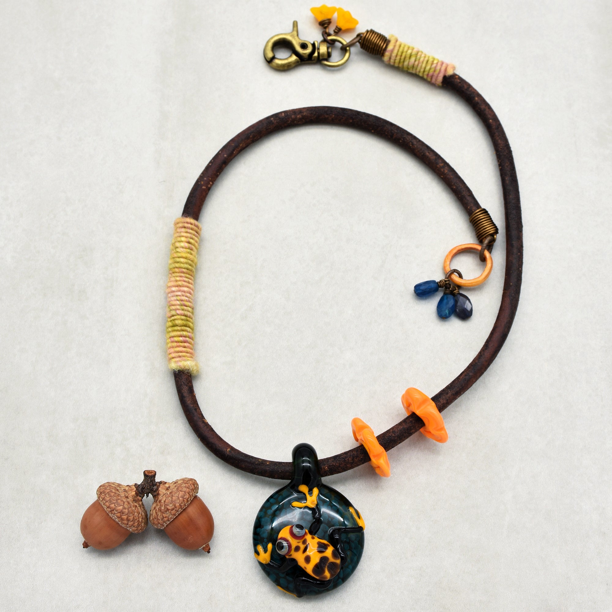 Rainforest Frog Handmade Necklace. Artisan Lampwork Glass Focal, Enameled Ring, Apatite, Iolite, Chocolate Leather Cord
