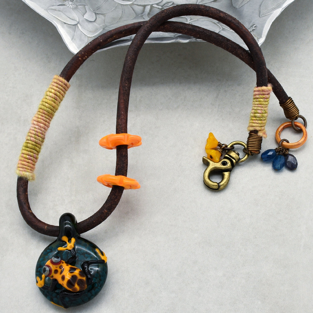 Rainforest Frog Handmade Necklace. Artisan Lampwork Glass Focal, Enameled Ring, Apatite, Iolite, Chocolate Leather Cord