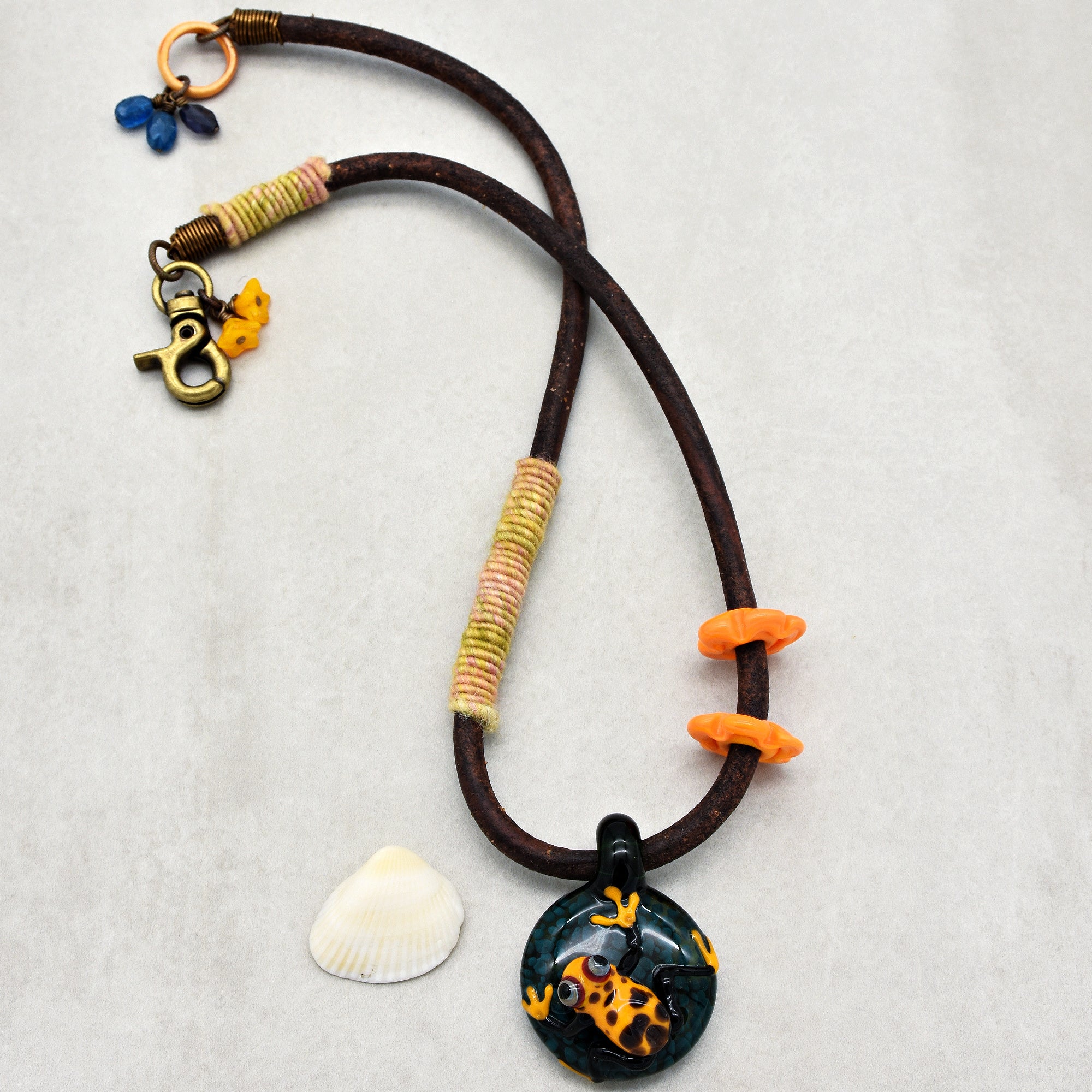 Rainforest Frog Handmade Necklace. Artisan Lampwork Glass Focal, Enameled Ring, Apatite, Iolite, Chocolate Leather Cord