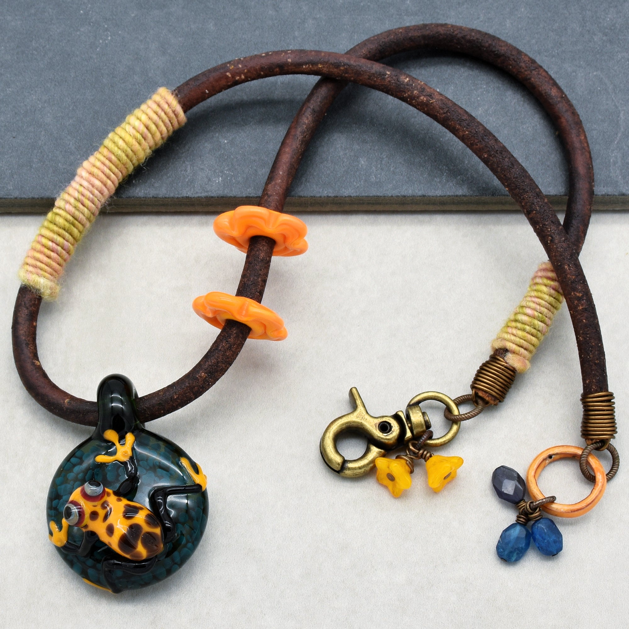 Rainforest Frog Handmade Necklace. Artisan Lampwork Glass Focal, Enameled Ring, Apatite, Iolite, Chocolate Leather Cord