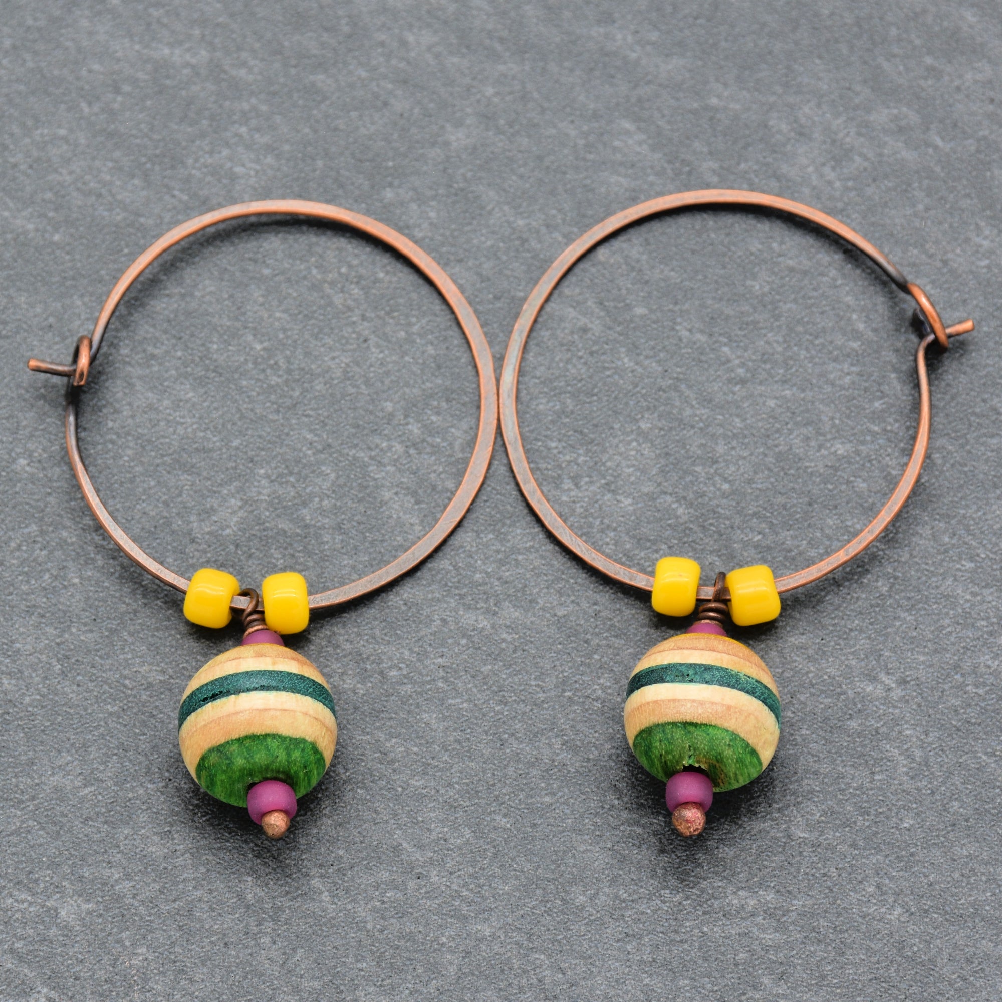 Recycled Skateboard Dangle Hoop Handmade Earrings, Yellow, Hot Pink, Green