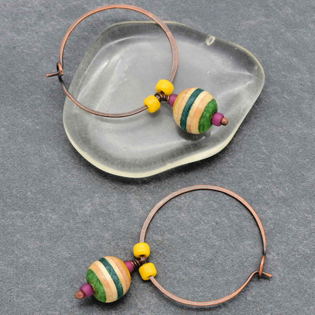 Recycled Skateboard Dangle Hoop Handmade Earrings, Yellow, Hot Pink, Green