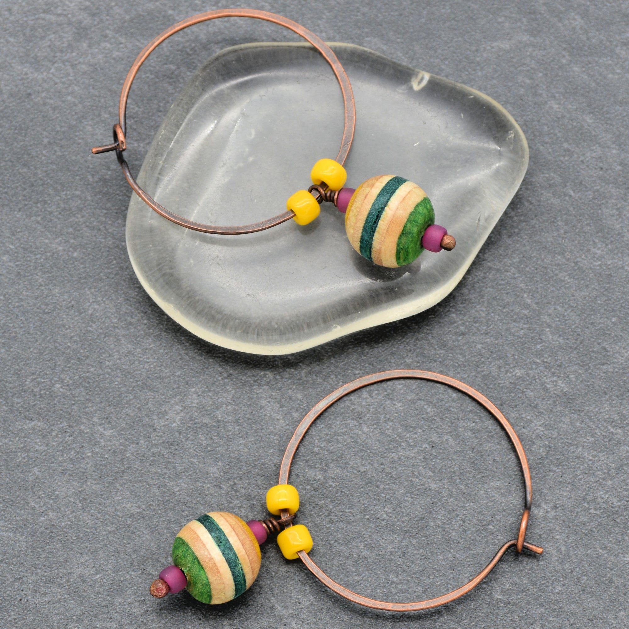 Recycled Skateboard Dangle Hoop Handmade Earrings, Yellow, Hot Pink, Green