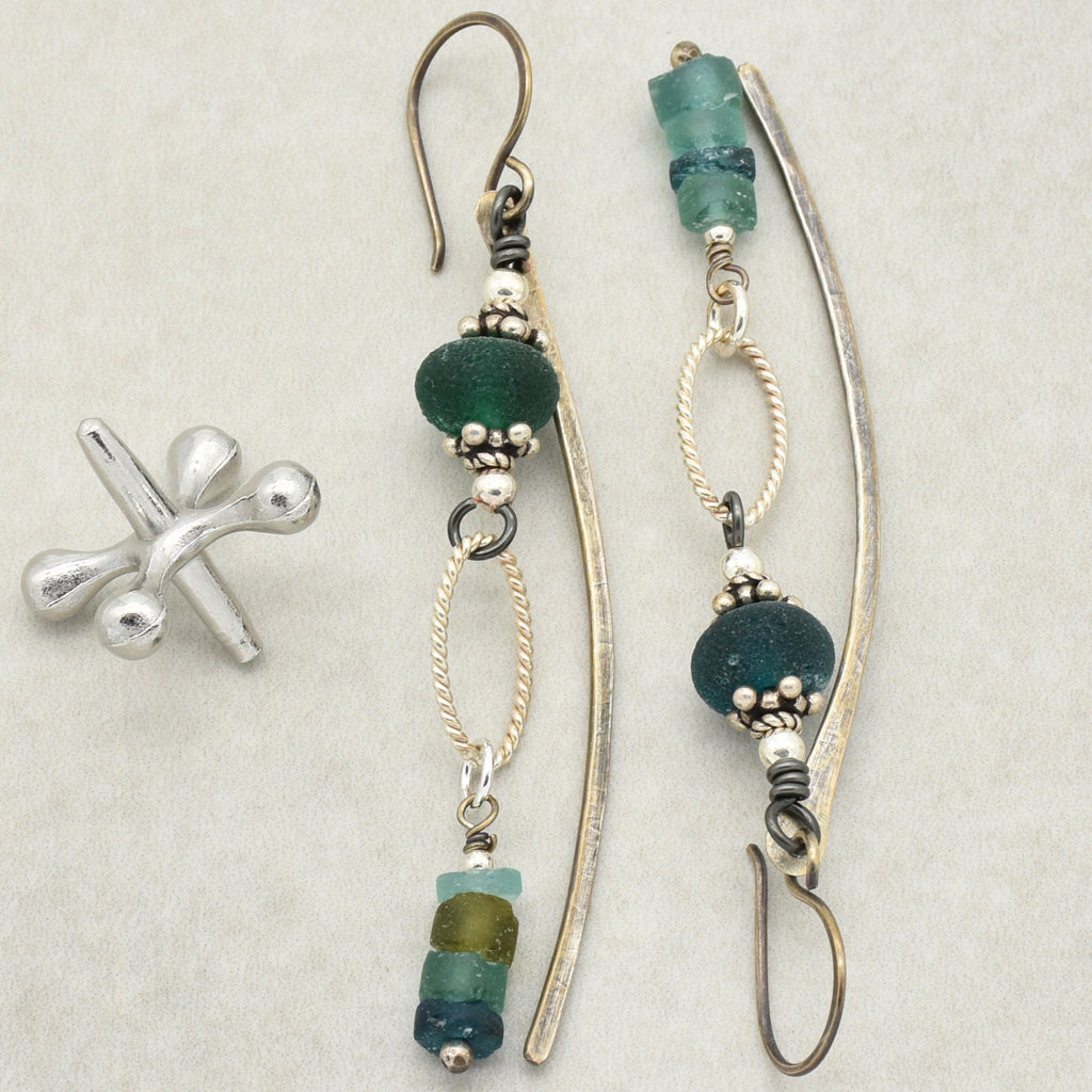 Roman Glass Blue Handmade Dangle Earrings, Artisan Etched Aqua Blue Lampwork Glass, Sterling Silver