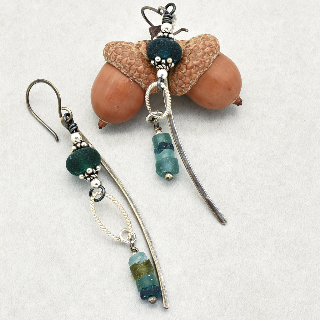 Roman Glass Blue Handmade Dangle Earrings, Artisan Etched Aqua Blue Lampwork Glass, Sterling Silver