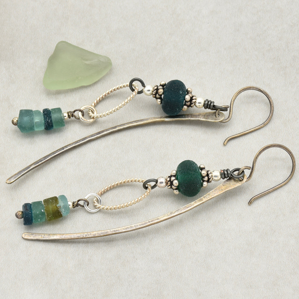 Roman Glass Blue Handmade Dangle Earrings, Artisan Etched Aqua Blue Lampwork Glass, Sterling Silver