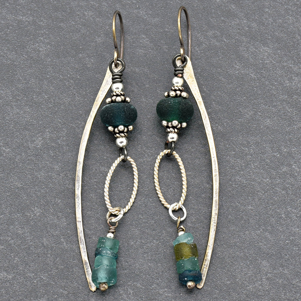Roman Glass Blue Handmade Dangle Earrings, Artisan Etched Aqua Blue Lampwork Glass, Sterling Silver