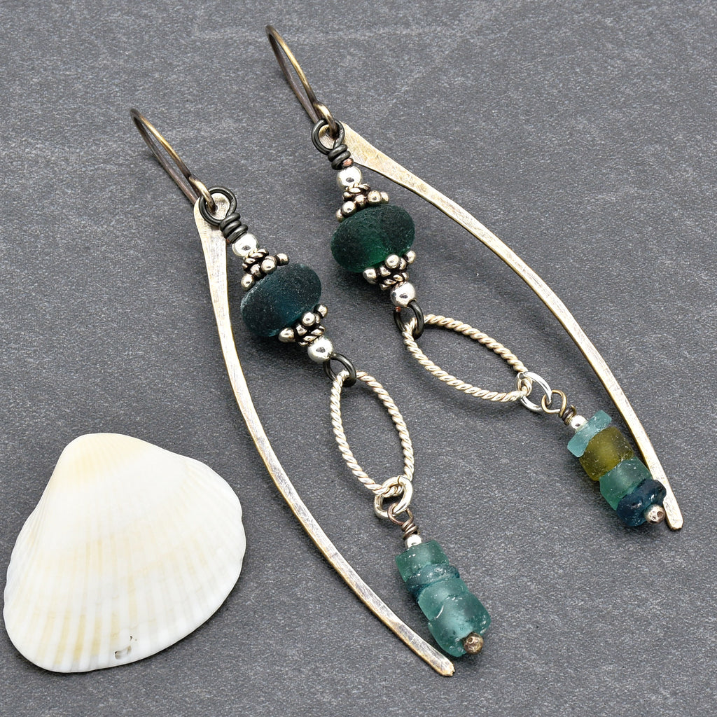 Roman Glass Blue Handmade Dangle Earrings, Artisan Etched Aqua Blue Lampwork Glass, Sterling Silver