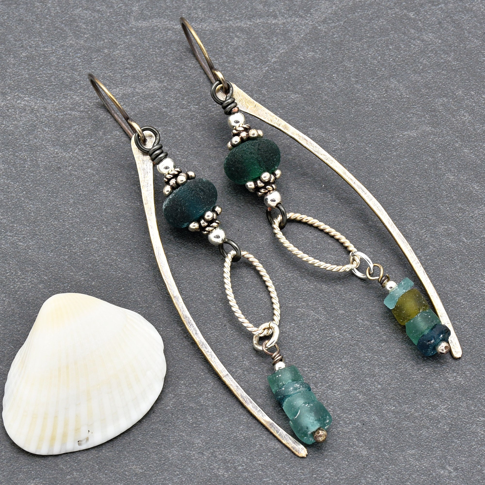 Roman Glass Blue Handmade Dangle Earrings, Artisan Etched Aqua Blue Lampwork Glass, Sterling Silver