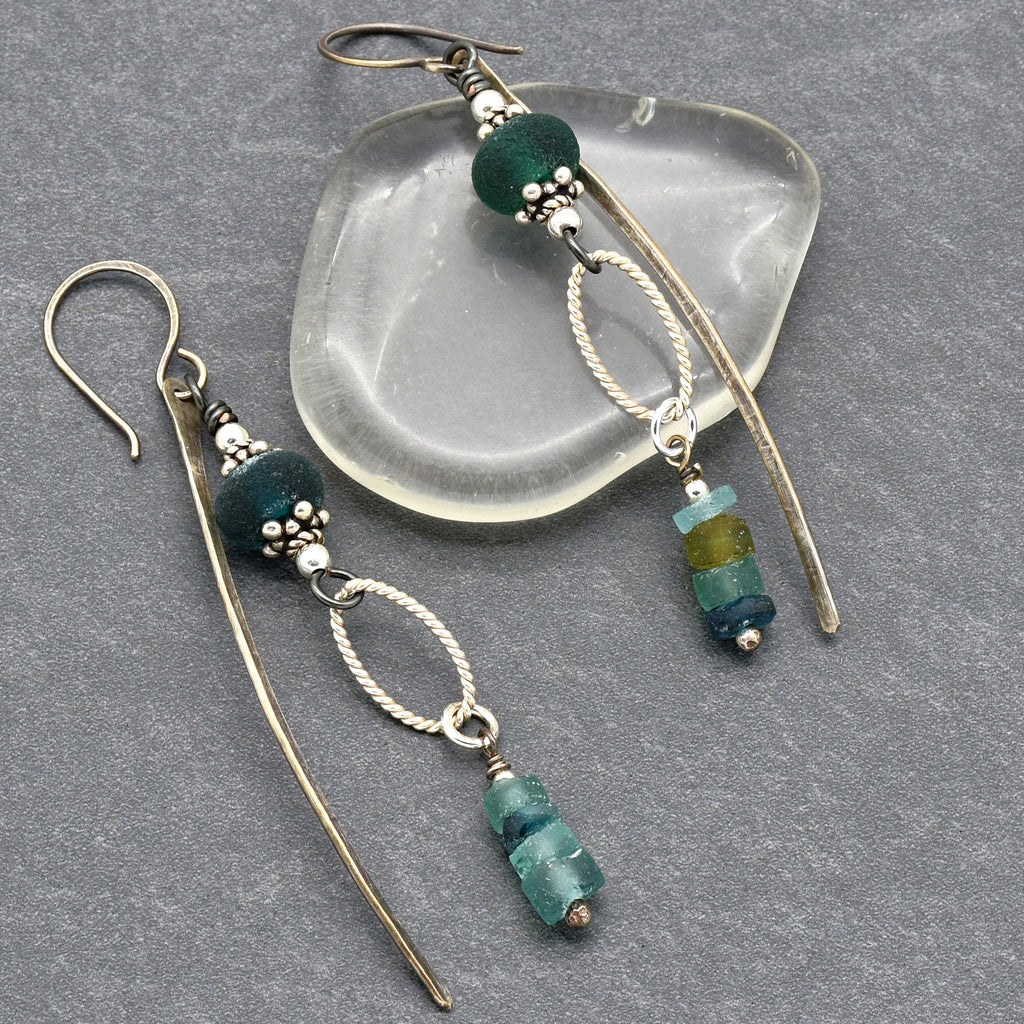 Roman Glass Blue Handmade Dangle Earrings, Artisan Etched Aqua Blue Lampwork Glass, Sterling Silver