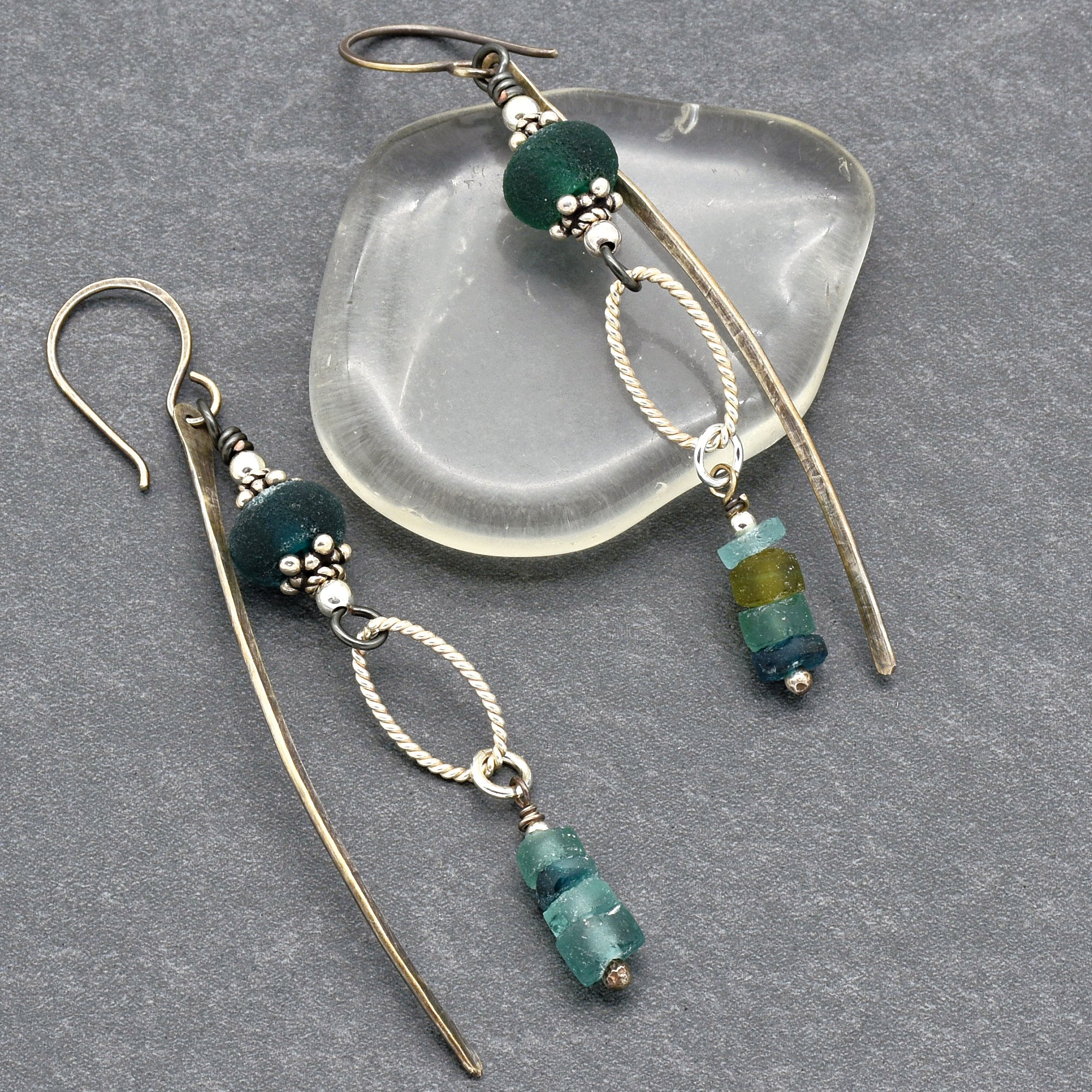 Roman Glass Blue Handmade Dangle Earrings, Artisan Etched Aqua Blue Lampwork Glass, Sterling Silver