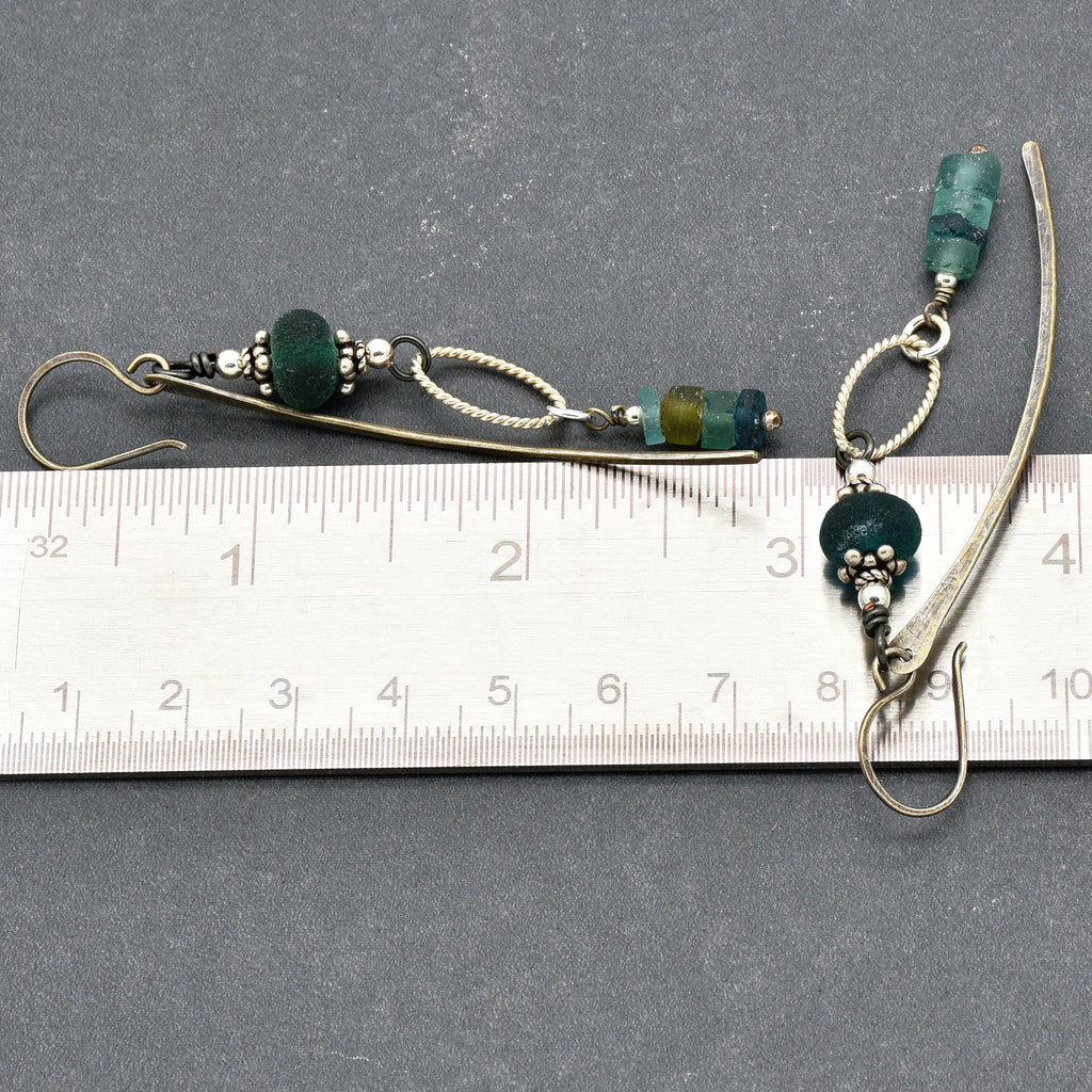 Roman Glass Blue Handmade Dangle Earrings, Artisan Etched Aqua Blue Lampwork Glass, Sterling Silver