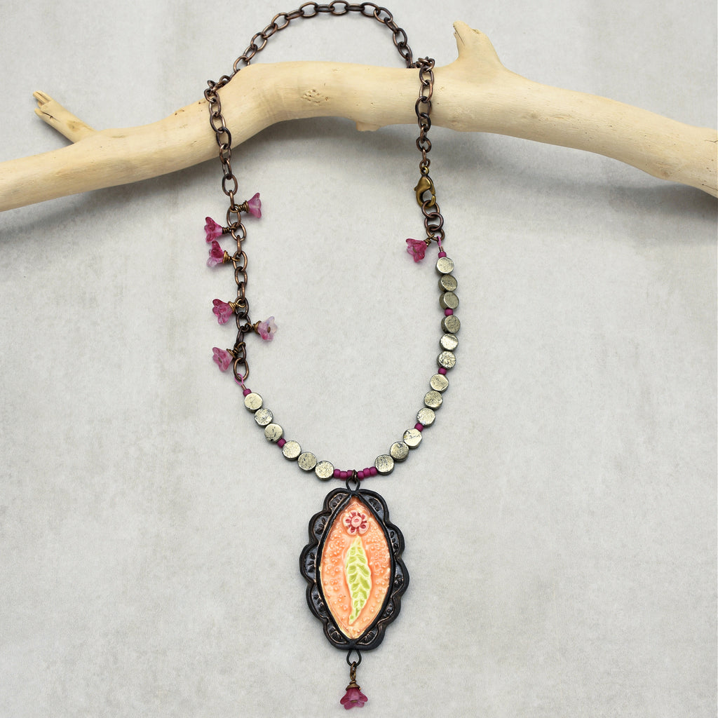 Rosita Handmade Statement Necklace with Artisan Ceramic Focal, Golden Mica Coin beads, Czech Glass and Antique Brass Finish Chain