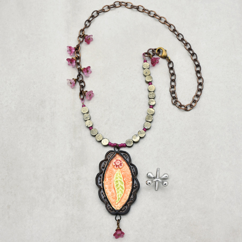 Rosita Handmade Statement Necklace with Artisan Ceramic Focal, Golden Mica Coin beads, Czech Glass and Antique Brass Finish Chain