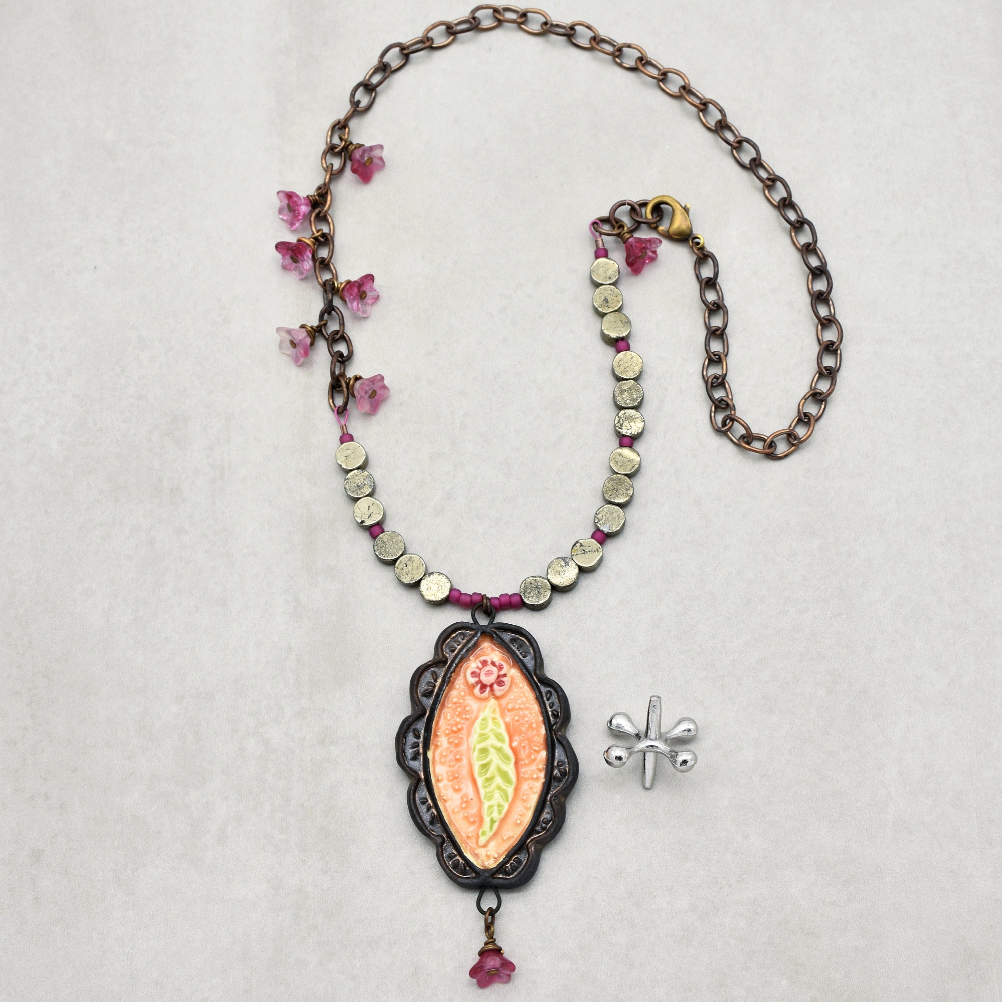 Rosita Handmade Statement Necklace with Artisan Ceramic Focal, Golden Mica Coin beads, Czech Glass and Antique Brass Finish Chain