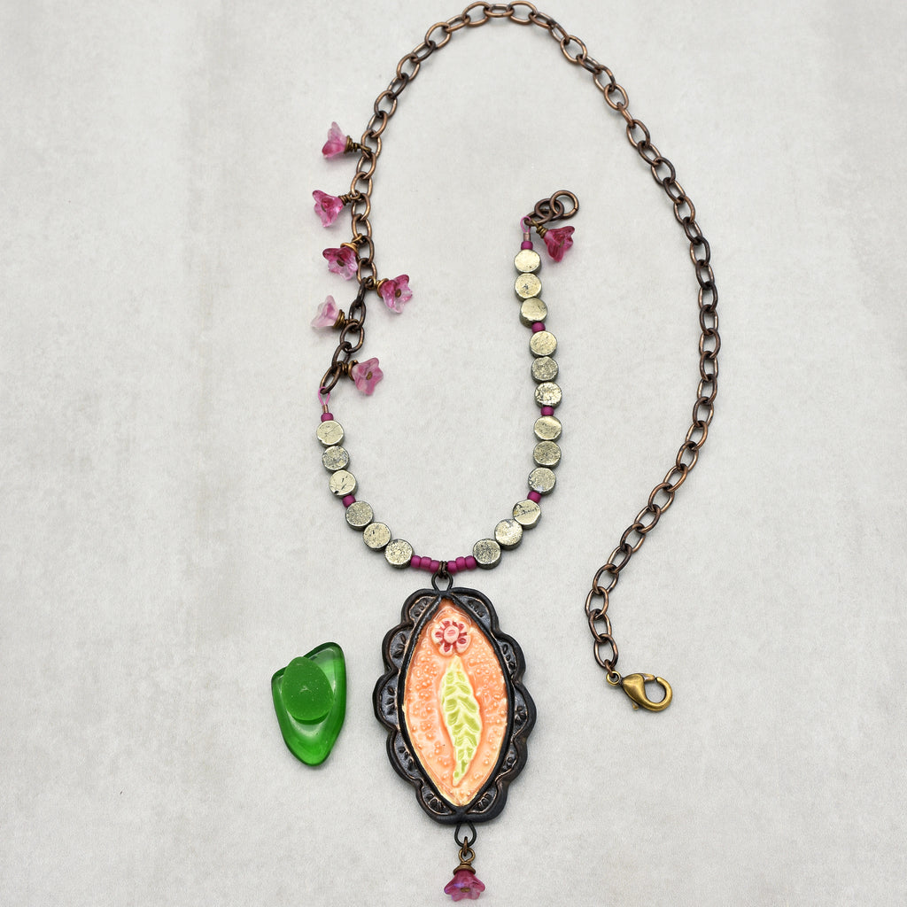 Rosita Handmade Statement Necklace with Artisan Ceramic Focal, Golden Mica Coin beads, Czech Glass and Antique Brass Finish Chain