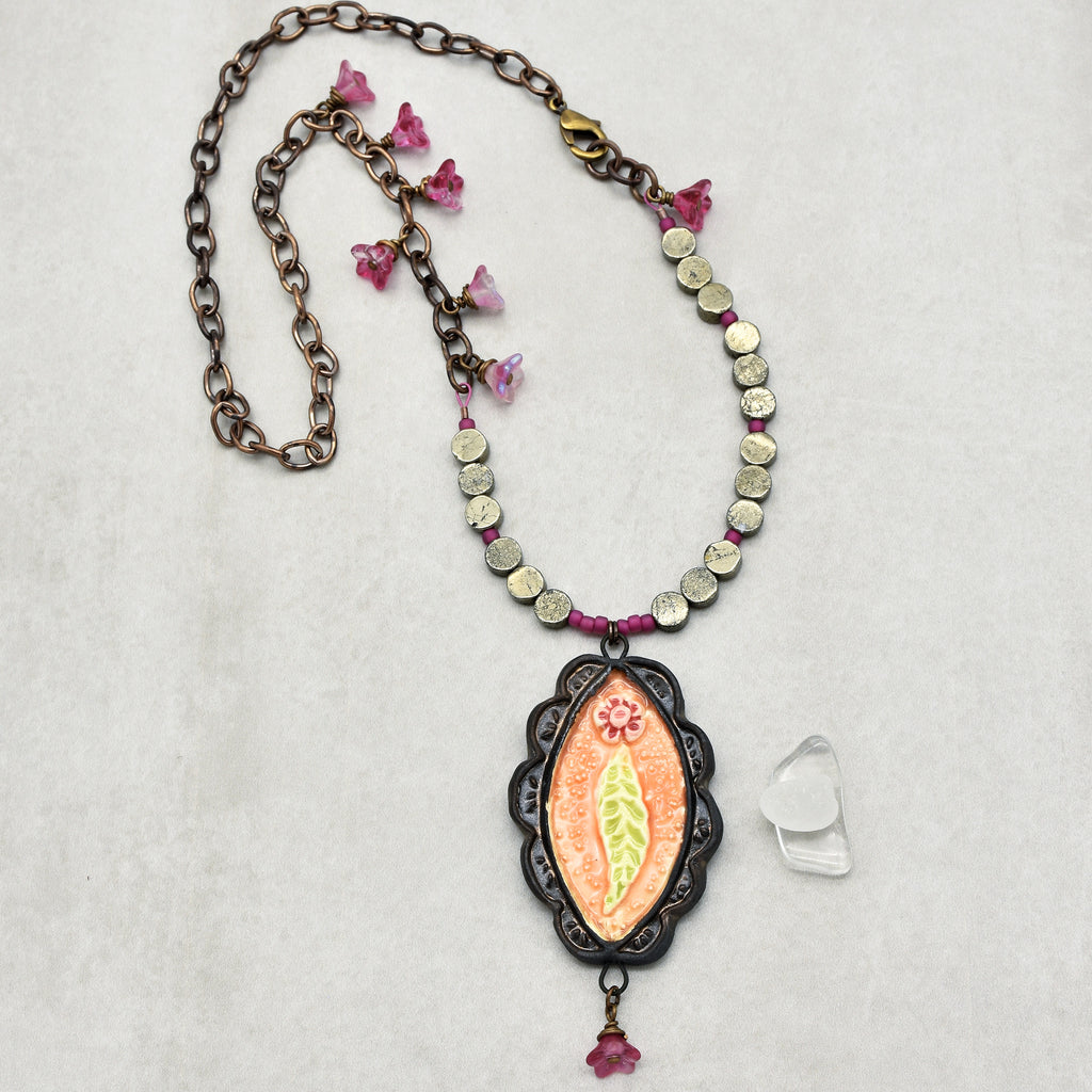 Rosita Handmade Statement Necklace with Artisan Ceramic Focal, Golden Mica Coin beads, Czech Glass and Antique Brass Finish Chain